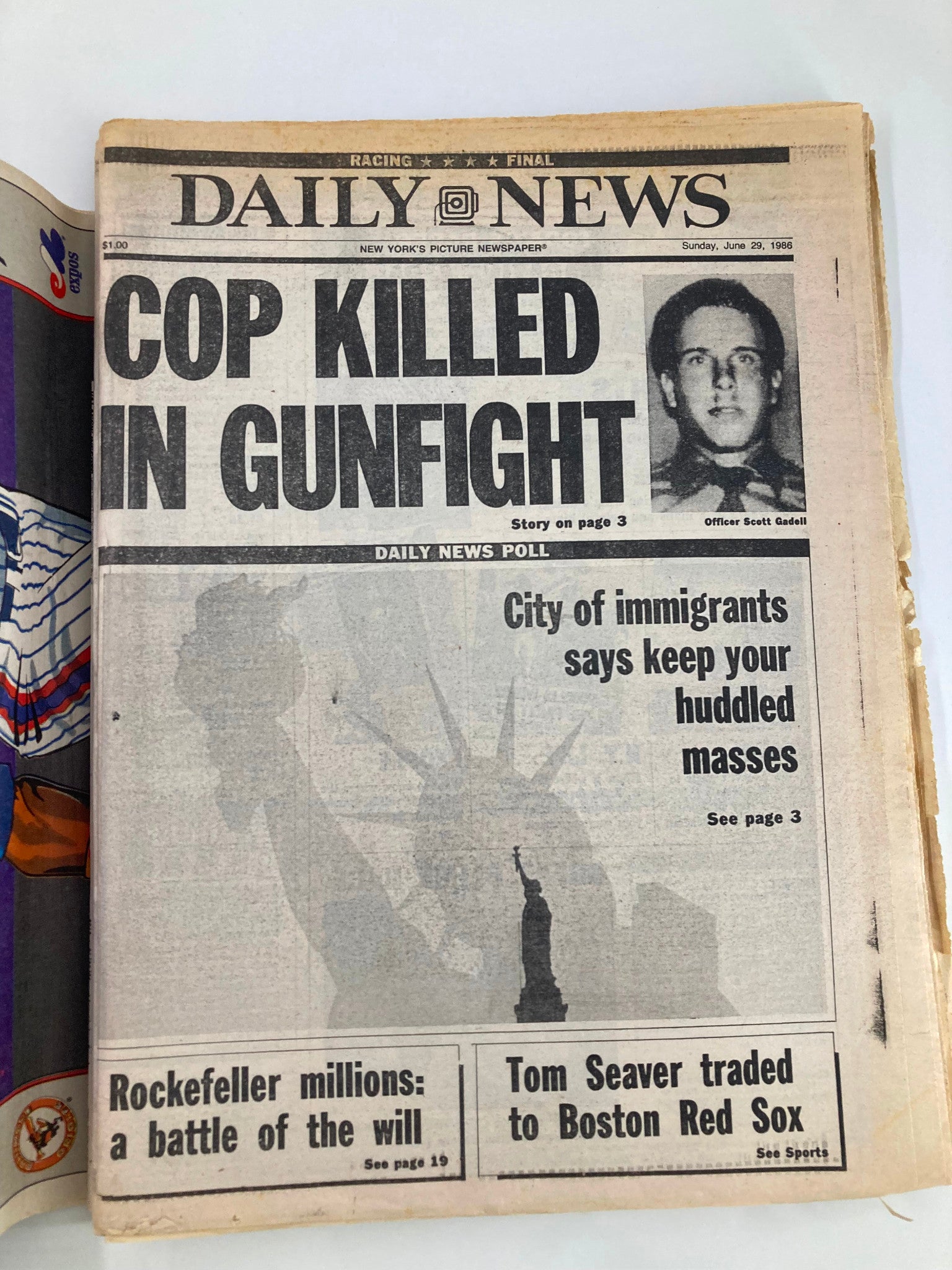 Vintage Daily News Magazine cover from June 29, 1986, featuring headlines about a cop killed in gunfight and Tom Seaver traded to the Boston Red Sox.