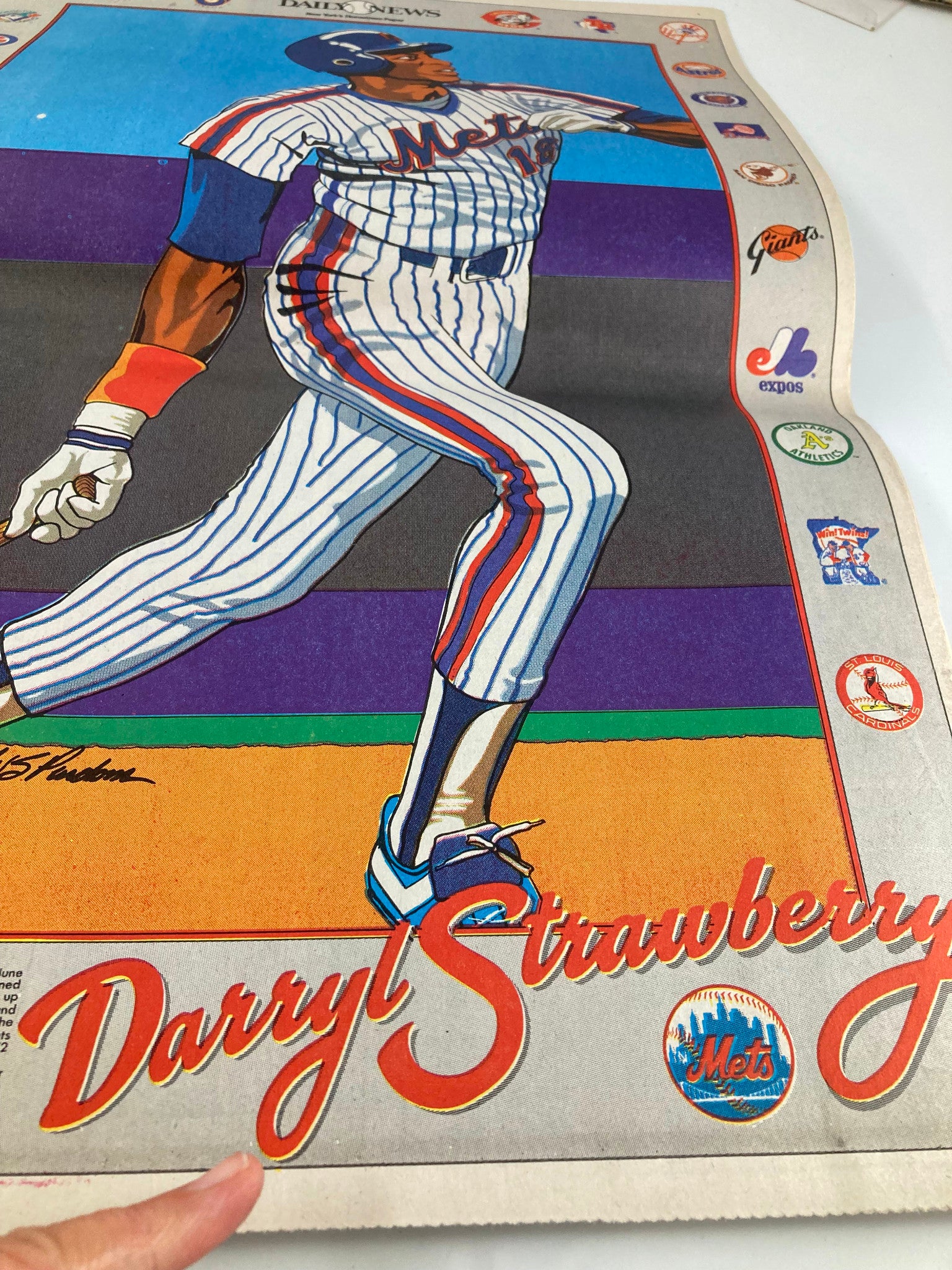 Close-up view of Darryl Strawberry from the Vintage Daily News Magazine June 29 1986, highlighting his action pose and detailed artwork.