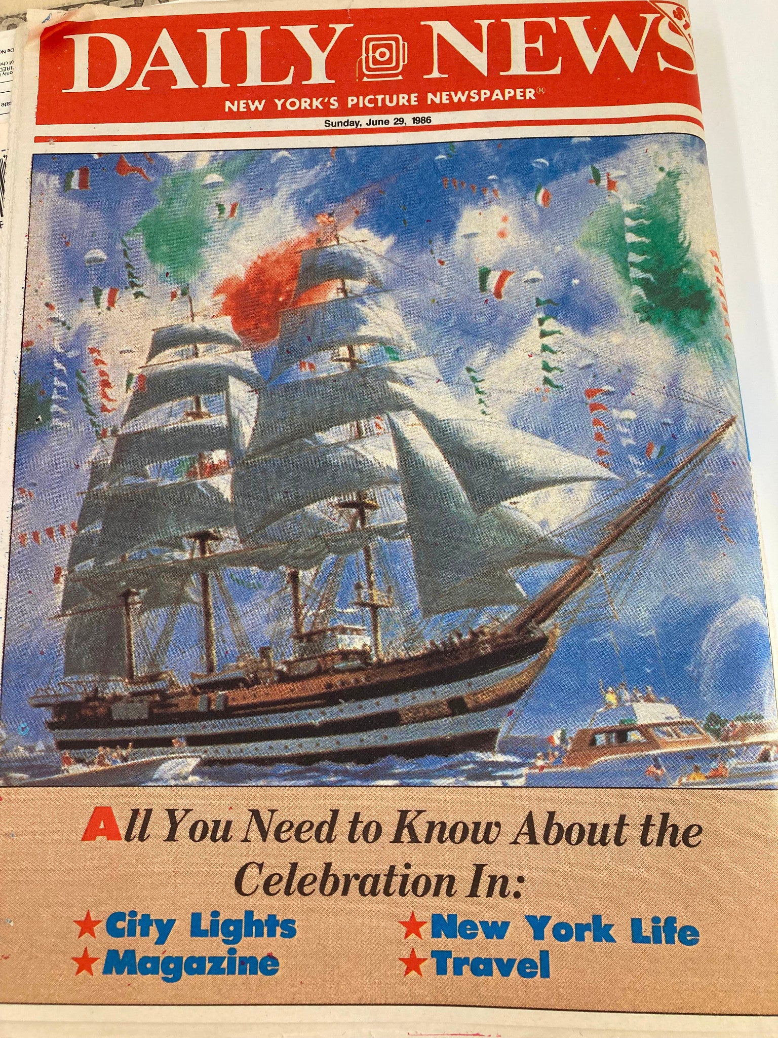Vintage Daily News Magazine June 29 1986 featuring a colorful illustration of a historical ship with celebrations underway.