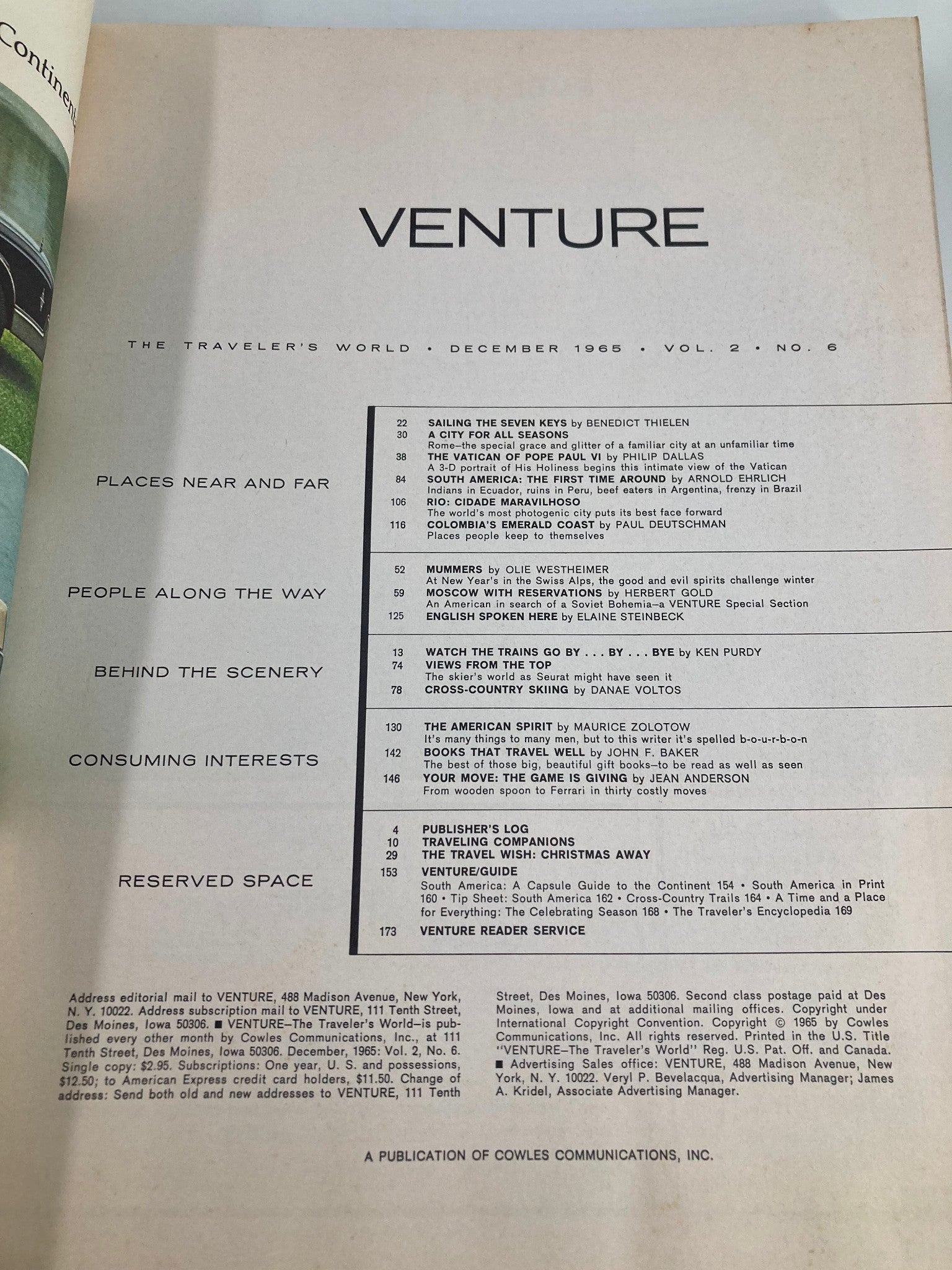 VTG Venture Magazine December 1965 Pope Paul's Vacation & South America No Label