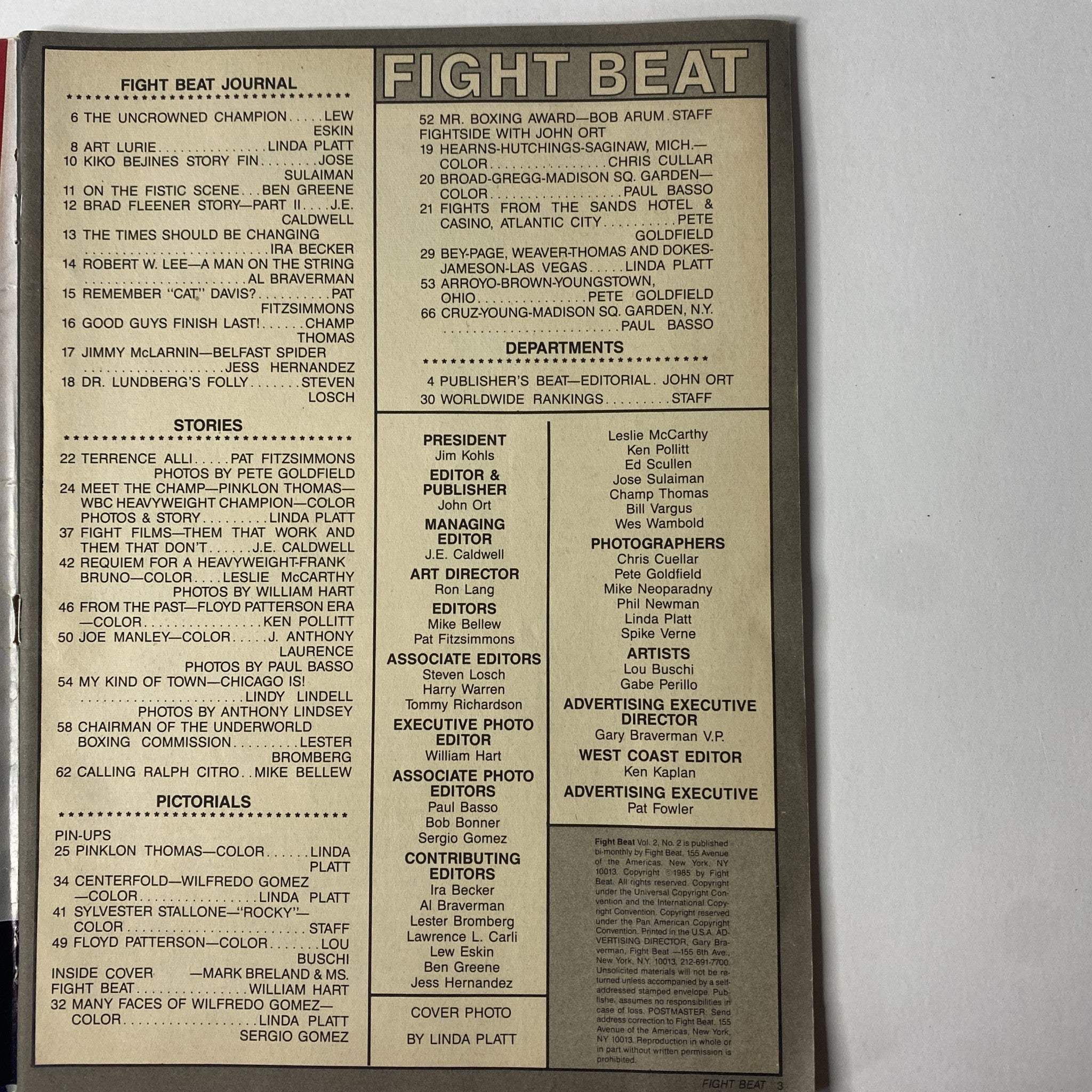 Inside page of Fight Beat Magazine February 1985 Vol 2 No. 2, displaying the journal features and contents list, including articles about notable boxers and boxing events from the mid-1980s.