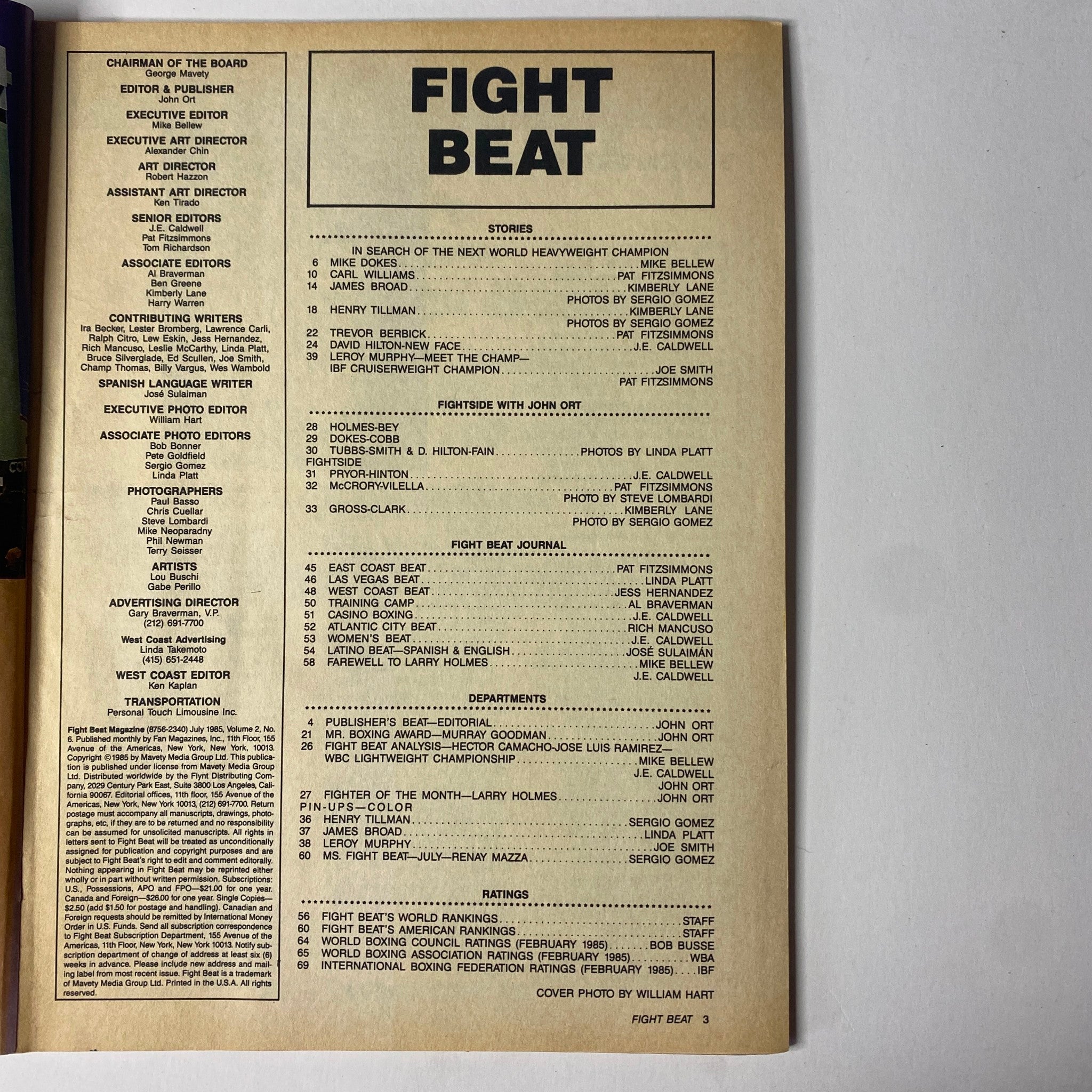 Interior page of Fight Beat Magazine July 1985 Vol 2 No 6 listing contents including stories and features related to boxing, highlighting 'In Search of the Next World Heavyweight Champion'.