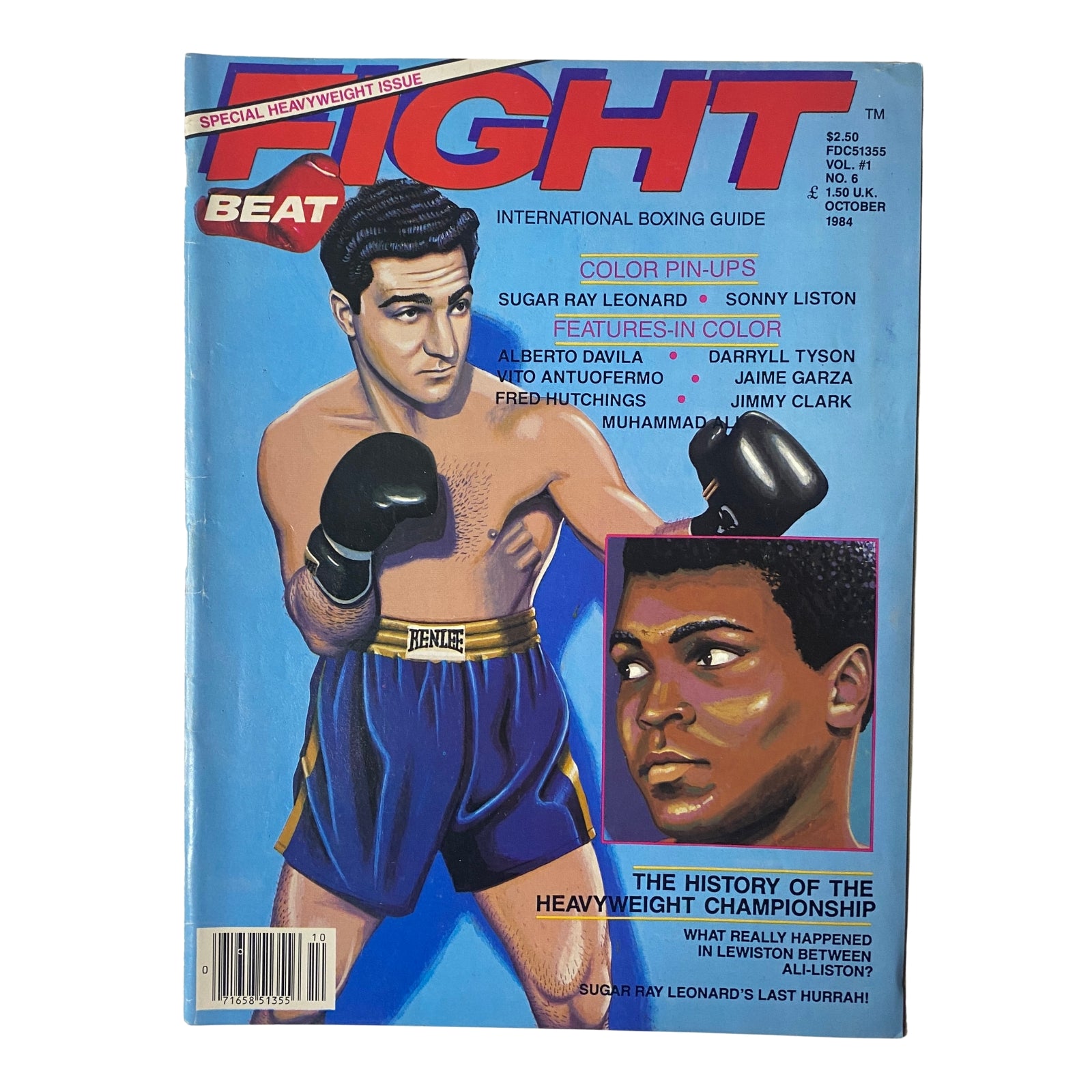 Cover of Fight Beat Magazine, October 1984 featuring Muhammad Ali and Sonny Liston, highlighting boxing history and significant matches, published by Original Magazines.