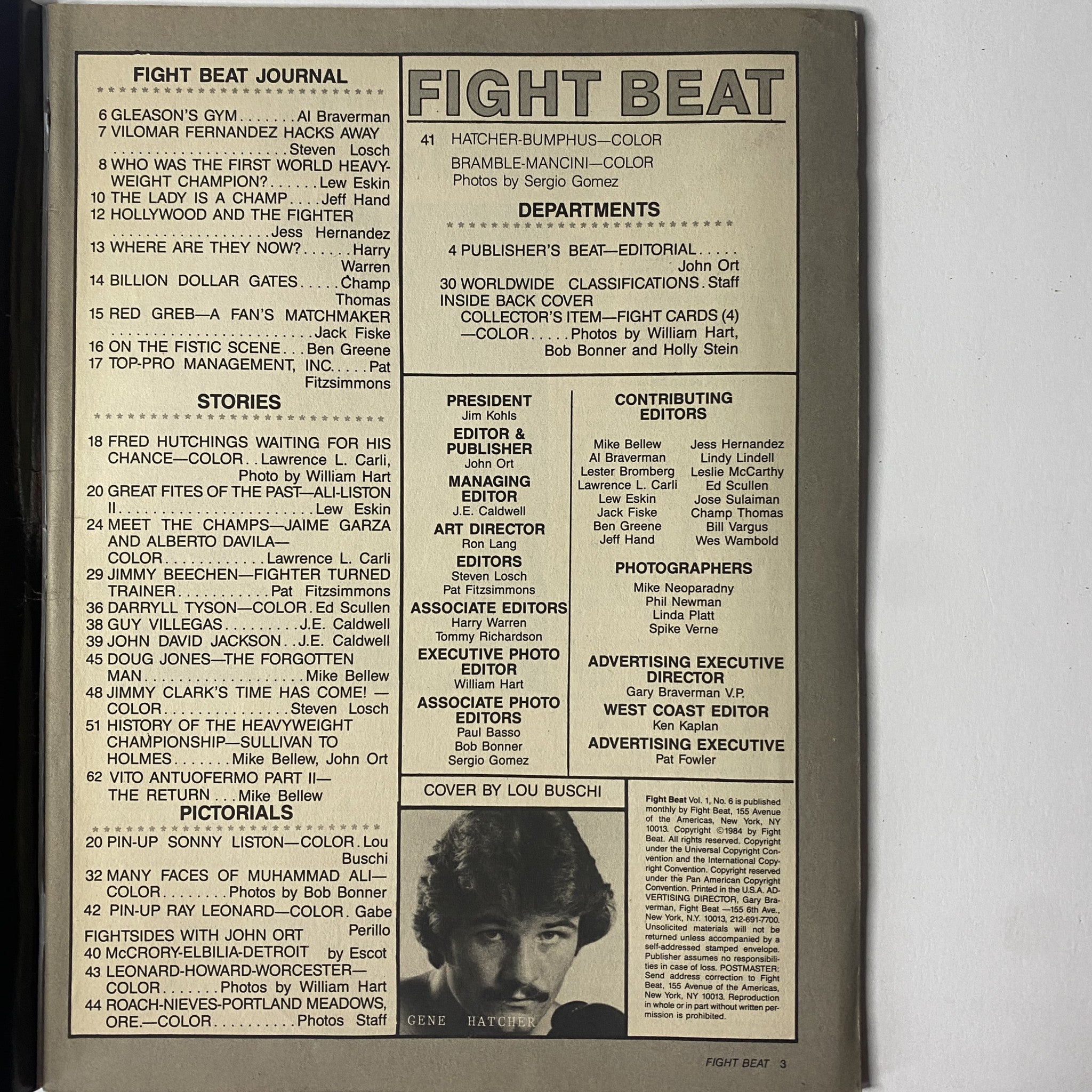 Contents page of Fight Beat Magazine, October 1984, listing articles and features including boxing legends like Muhammad Ali and Sonny Liston, from the publisher Original Magazines.