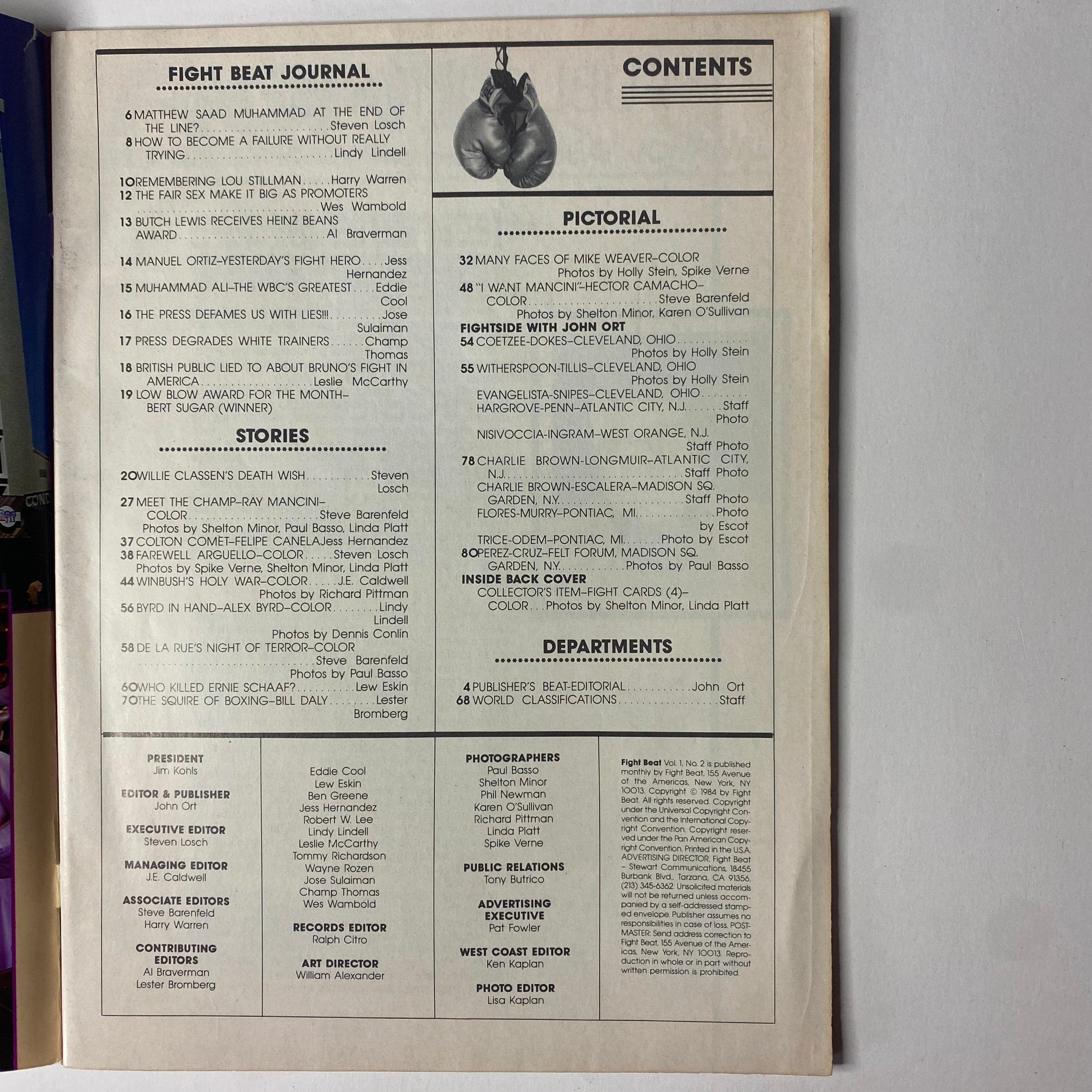 Inside page of Fight Beat Magazine, February 1984 featuring 'Fight Beat Journal' contents including articles on Matthew Saad Muhammad, Ray Mancini, and Muhammad Ali. This issue is valuable for boxing enthusiasts and collectors.