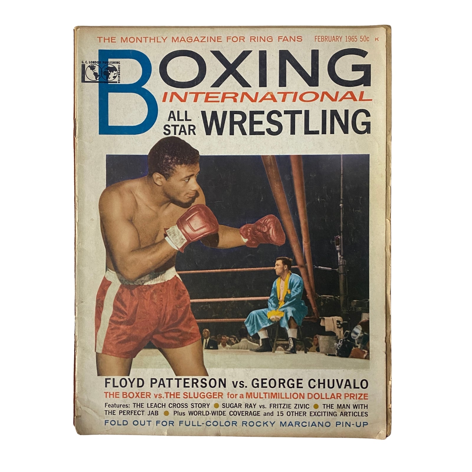 Cover of Boxing International All Star Wrestling February 1965 featuring Floyd Patterson vs. George Chuvalo, showcasing boxing action.