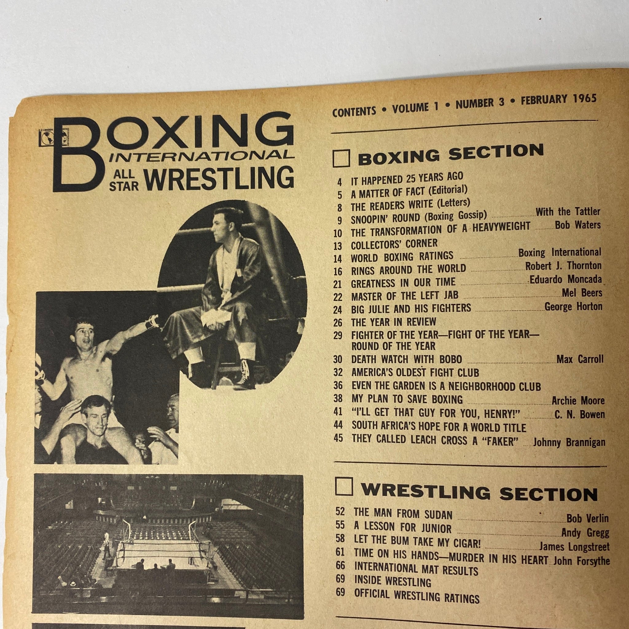 Table of contents from Boxing International All Star Wrestling February 1965, listing articles and sections in the issue.