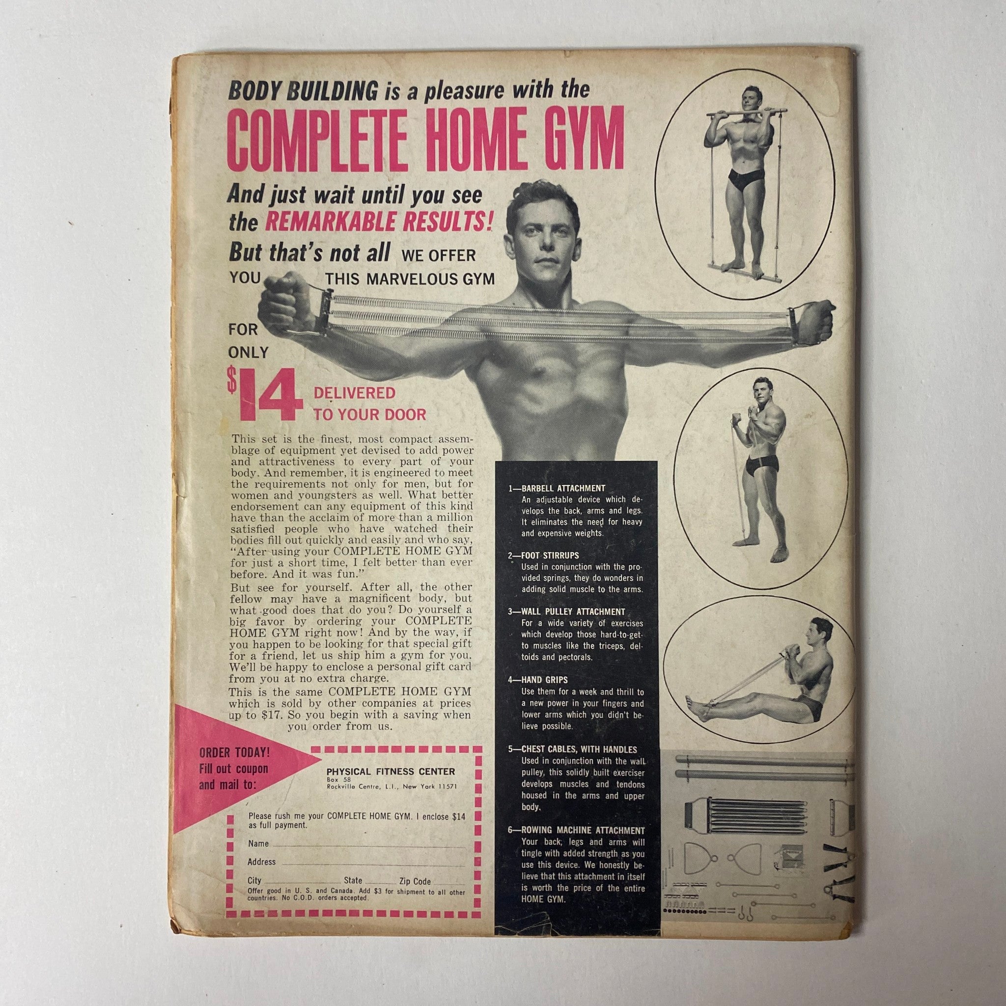 Back cover of Boxing International All Star Wrestling February 1965 advertising a Complete Home Gym product.