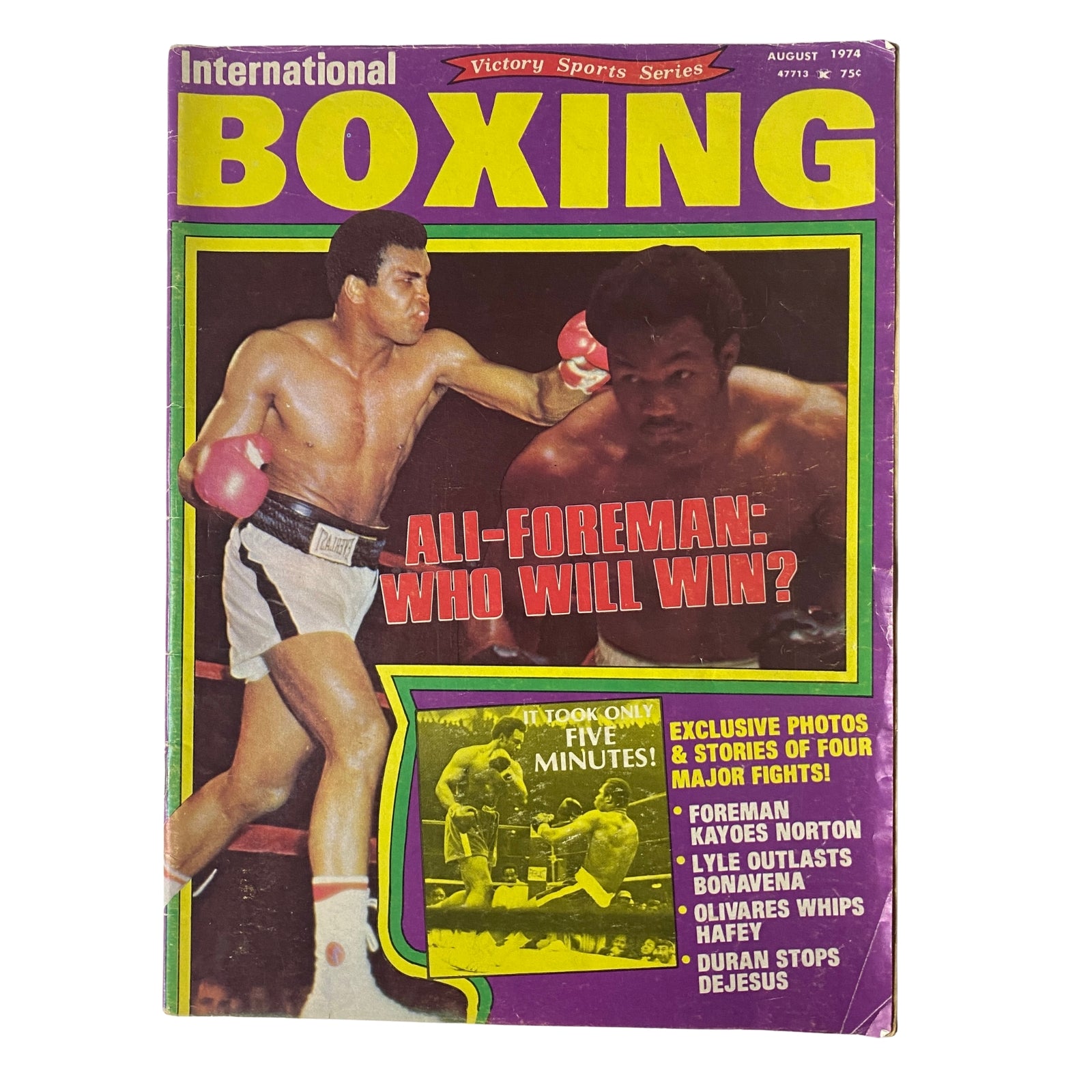 Cover of International Boxing Magazine, August 1974, featuring Muhammad Ali and George Foreman with the headline 'Ali-Foreman: Who Will Win?'. The magazine highlights exclusive photos and stories of four major fights.