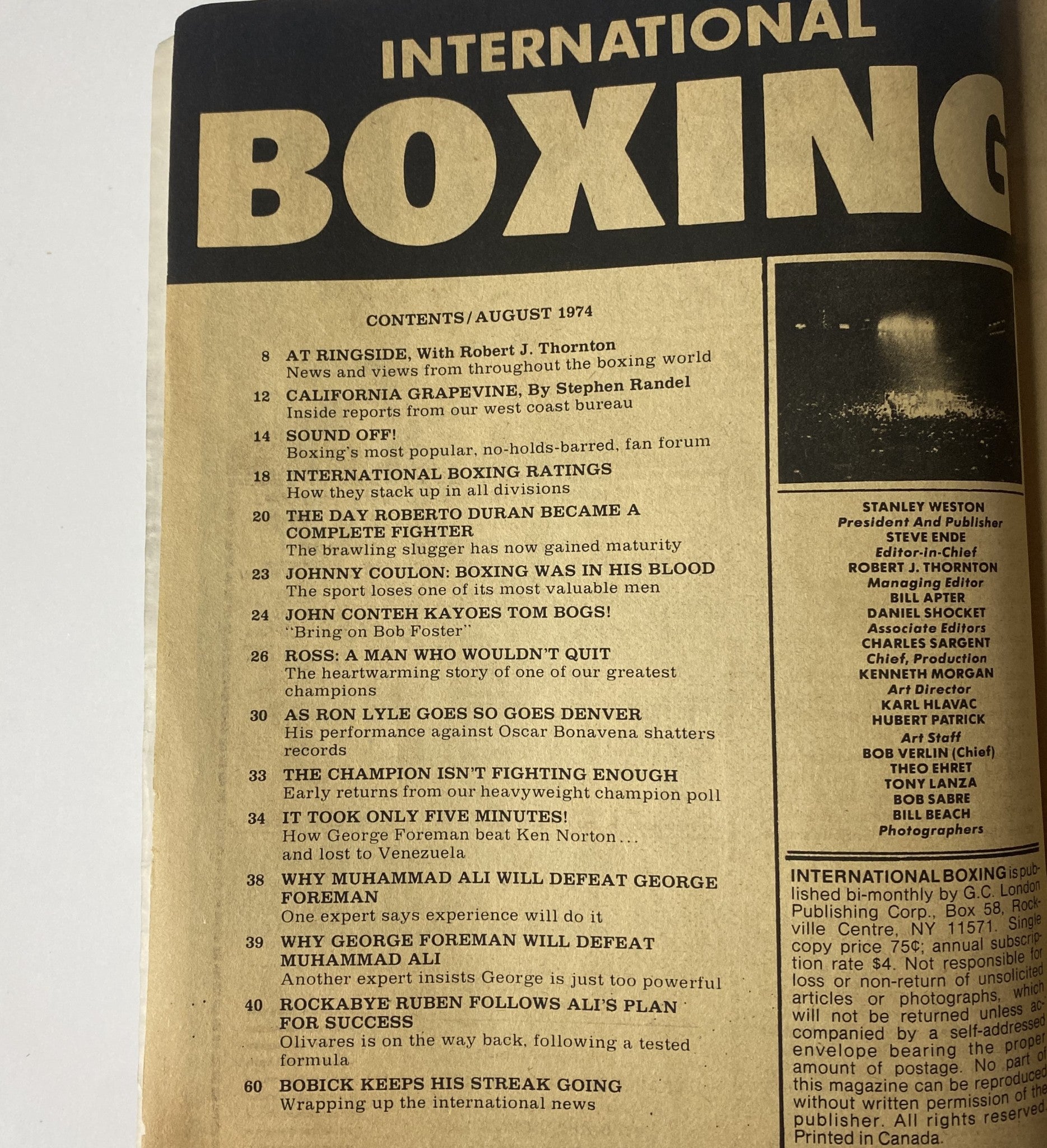 Contents page of International Boxing Magazine, August 1974, outlining articles such as 'The Day Roberto Durán Became a Complete Fighter' and 'Why Muhammad Ali Will Defeat George Foreman'.