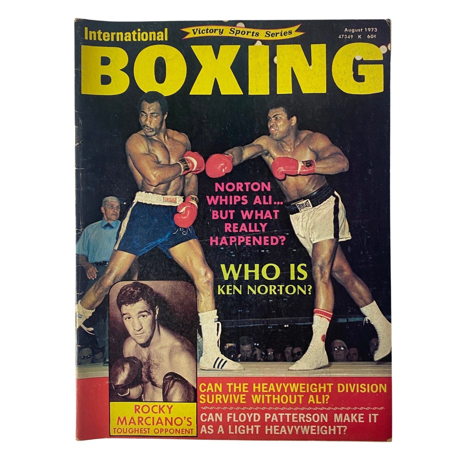 Cover of International Boxing Magazine, August 1973 featuring a boxing match with Ken Norton and details on the upset over Ali and Rocky Marciano's toughest opponent.