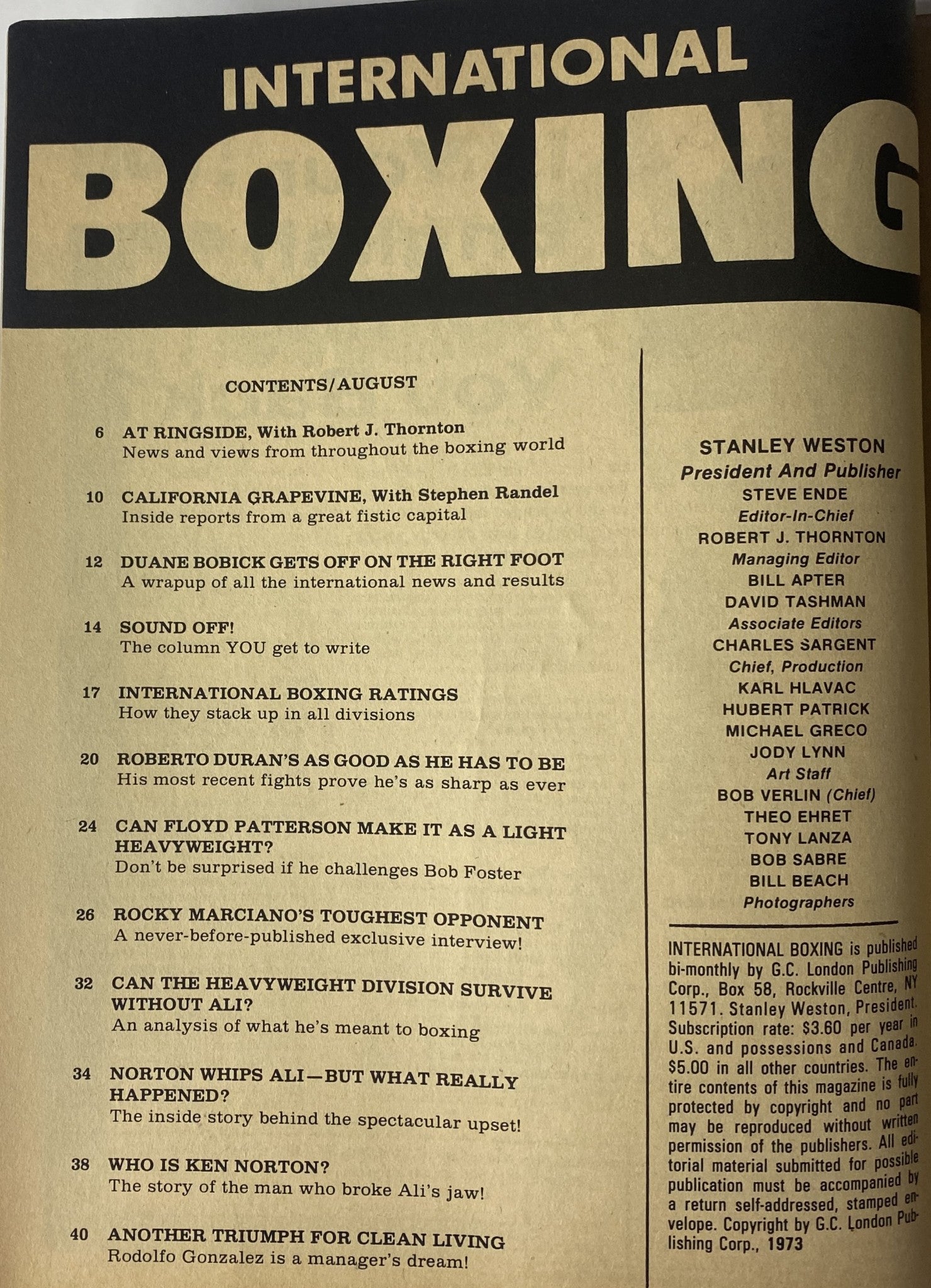 Table of contents from International Boxing Magazine, August 1973 highlighting articles including Ken Norton and Rocky Marciano.