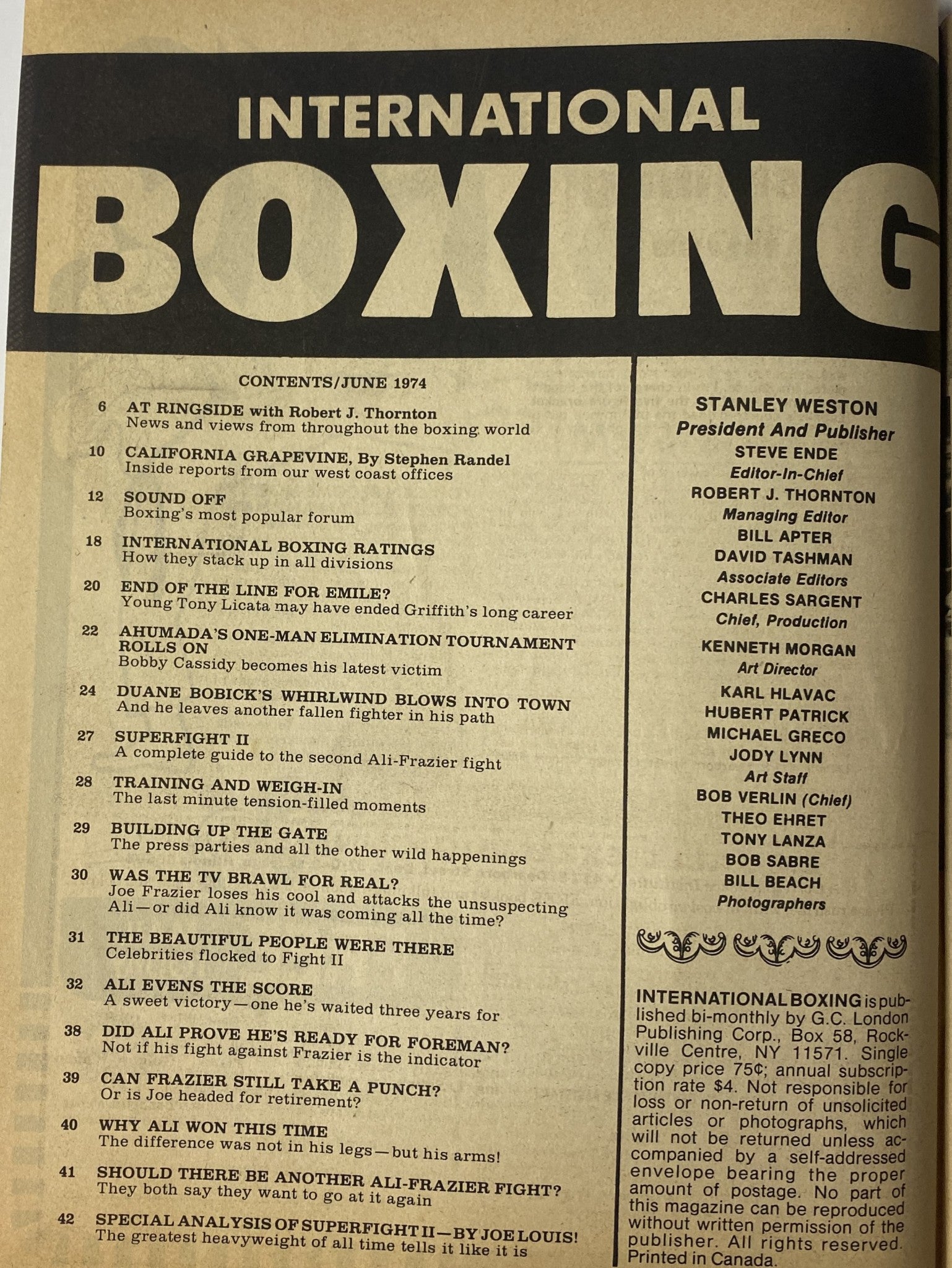 Contents page of International Boxing Magazine, June 1974, detailing articles on boxing news, ratings, and special features.