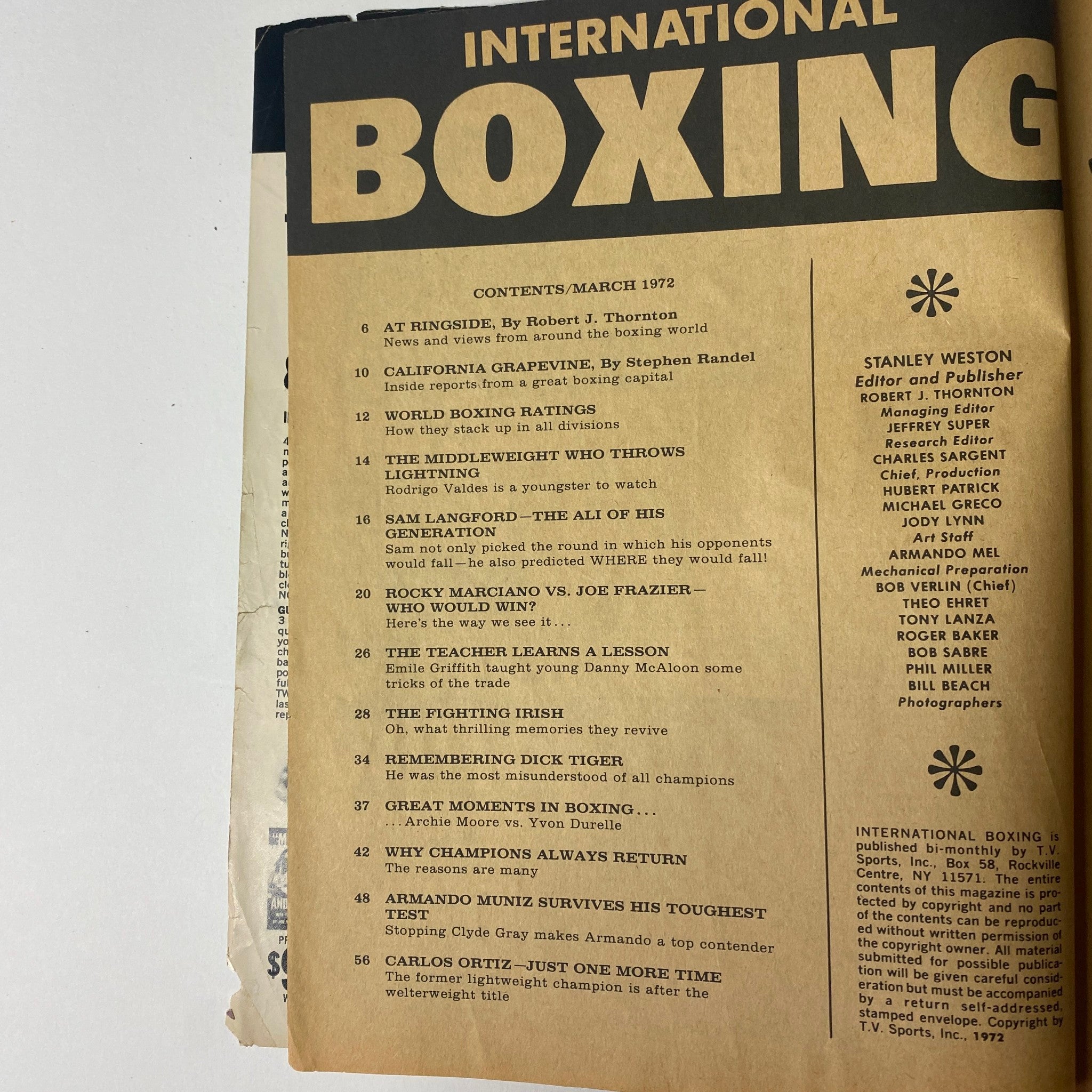 Contents page of International Boxing Magazine March 1972, detailing articles including 'Rocky Marciano vs. Joe Frazier—Who Would Win?' and 'Sam Langford - The Ali of His Generation.'
