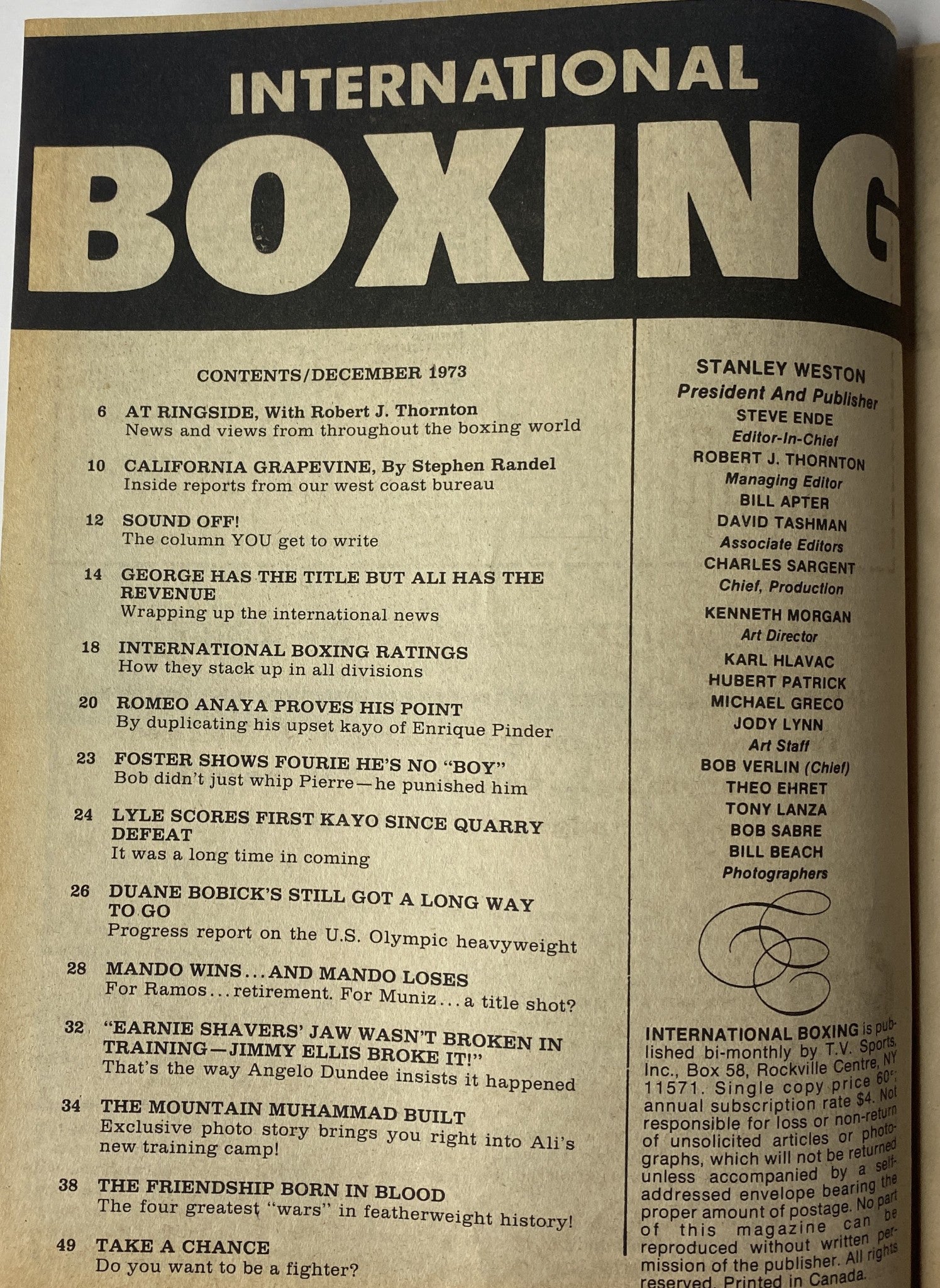Contents page of International Boxing Magazine, December 1973, detailing articles including 'At Ringside', 'California Grapevine', and 'Sound Off!'}]}   }}