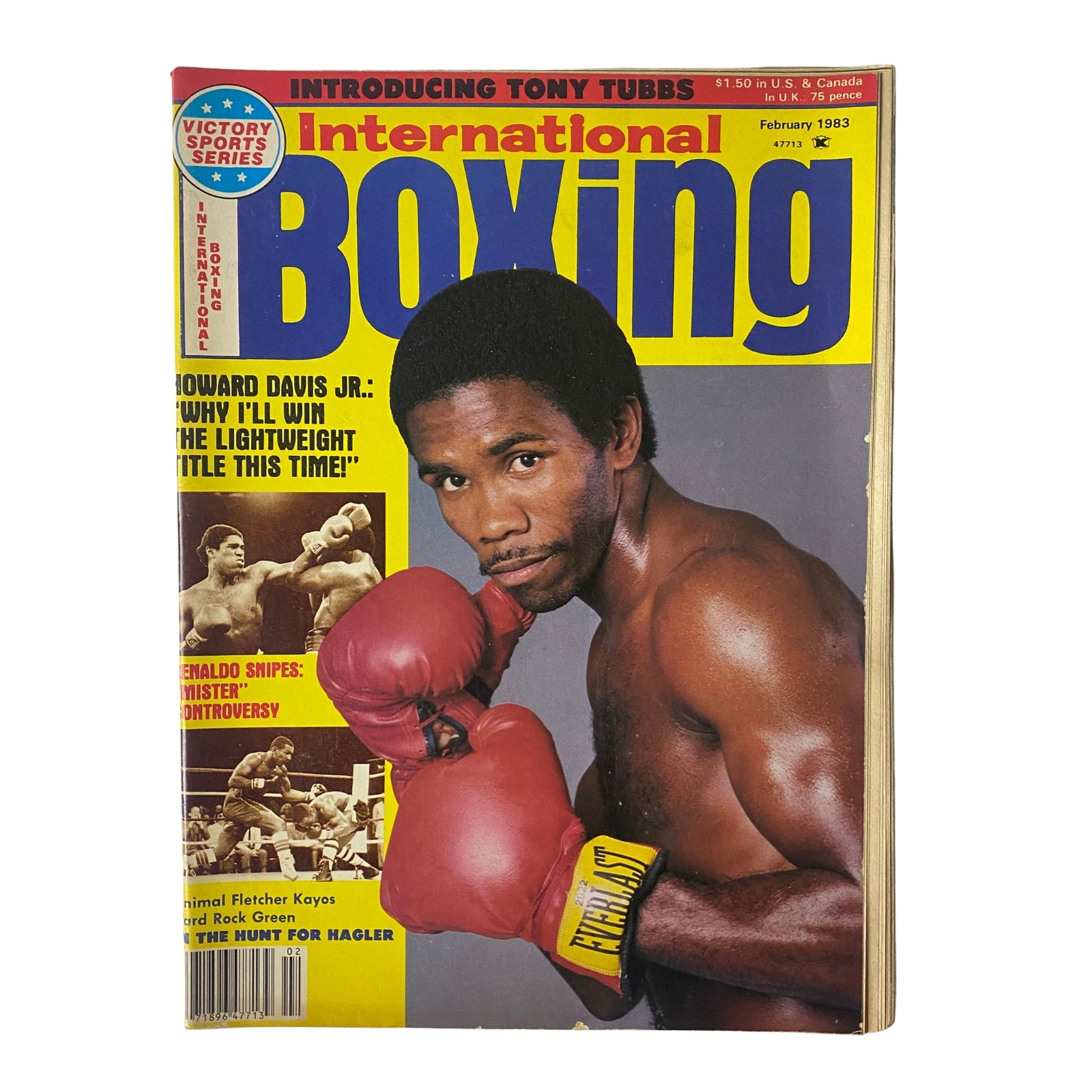 Cover of International Boxing Magazine, February 1983 featuring Howard Davis Jr. in boxing gloves, highlighting his feature article 'Why I’ll Win the Lightweight Title This Time!' and the introduction of Tony Tubbs.