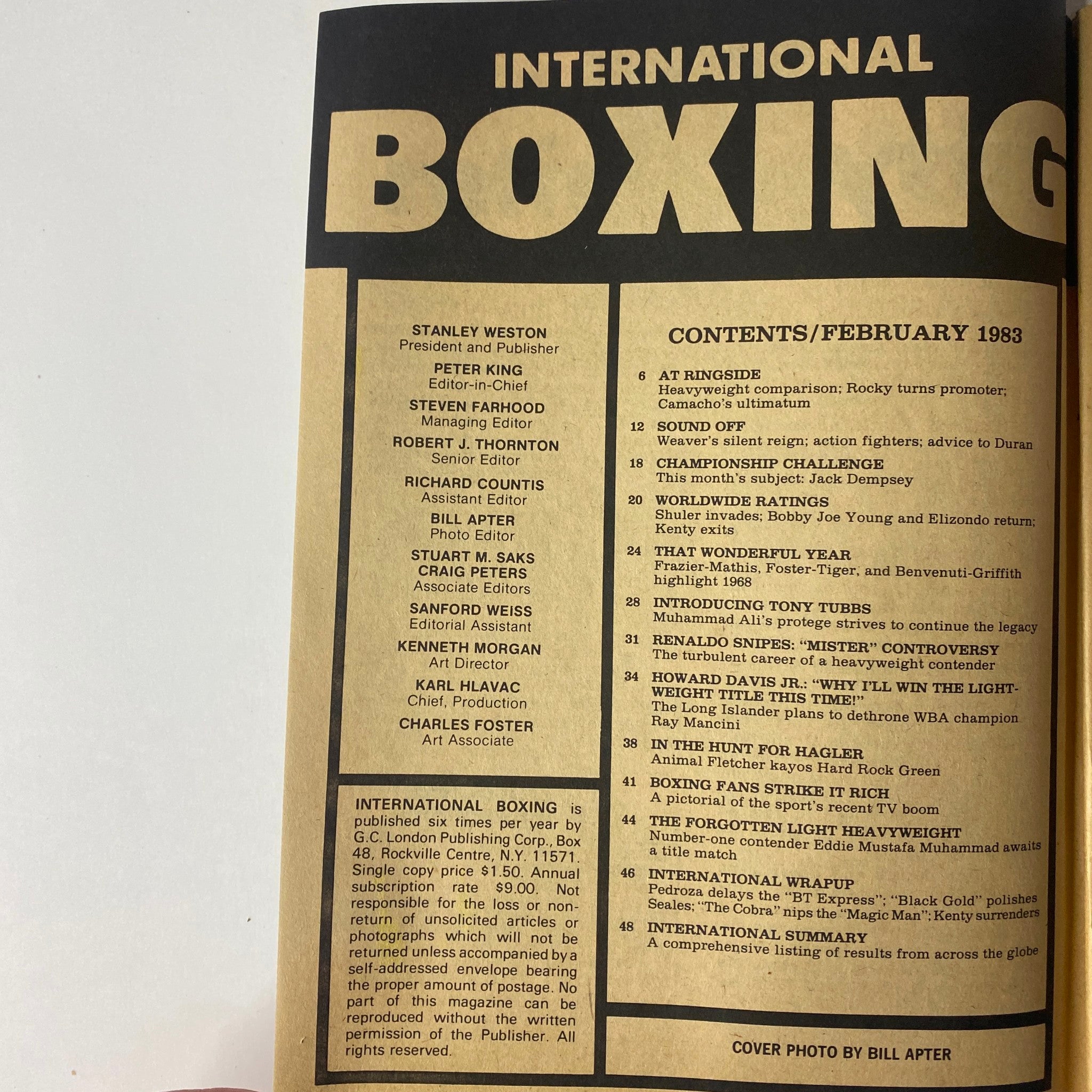 Contents page of International Boxing Magazine, February 1983 listing articles including 'At Ringside', 'Sound Off', and features on Howard Davis Jr., Tony Tubbs, and Renaldo Snipes.