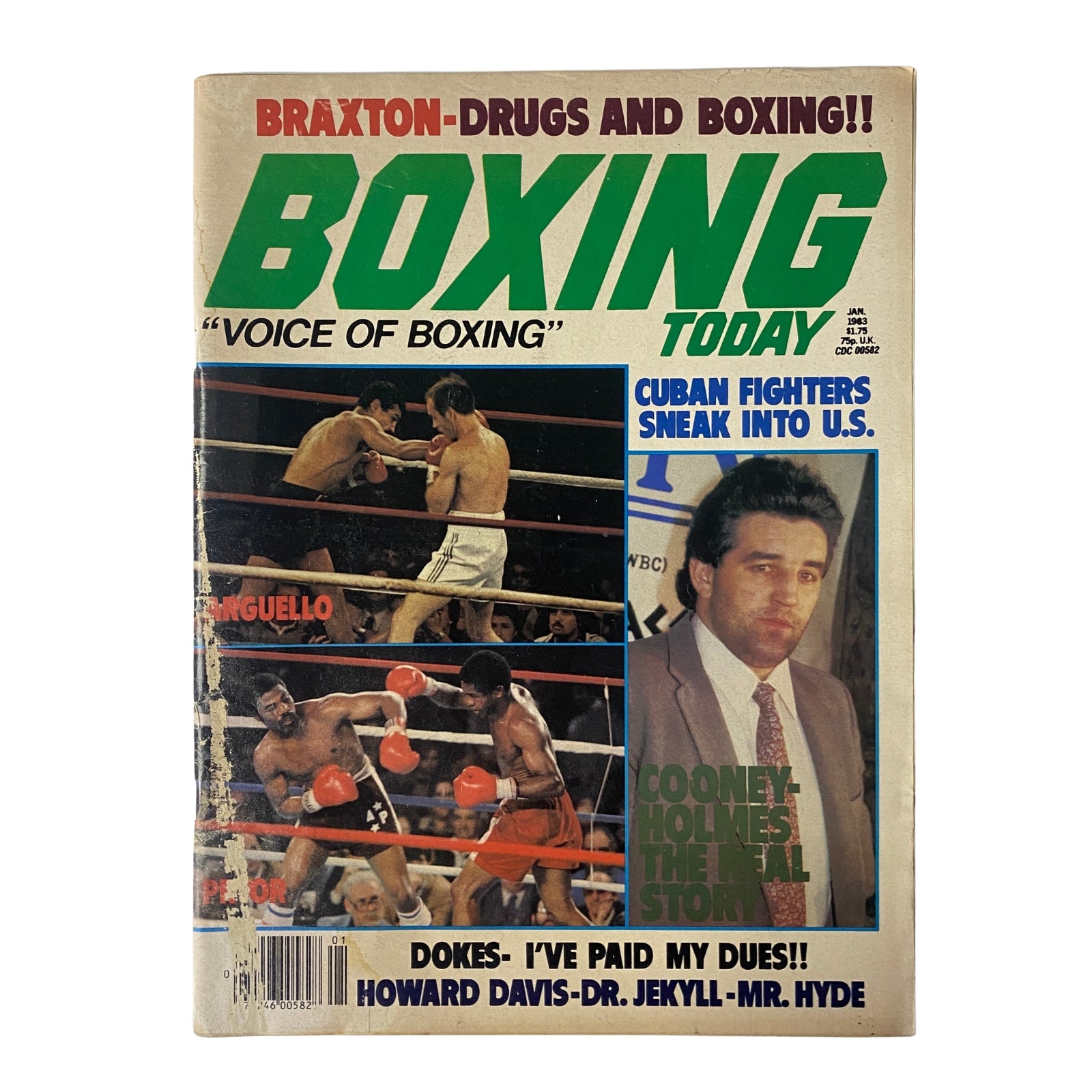 Cover of Boxing Today Magazine from January 1983 featuring Larry Holmes vs. Gerry Cooney, highlighting boxing articles, notable fighters including Mike Dokes and Howard Davis, and topics like 'Drugs and Boxing' and 'Cuban Fighters Sneak into U.S.'