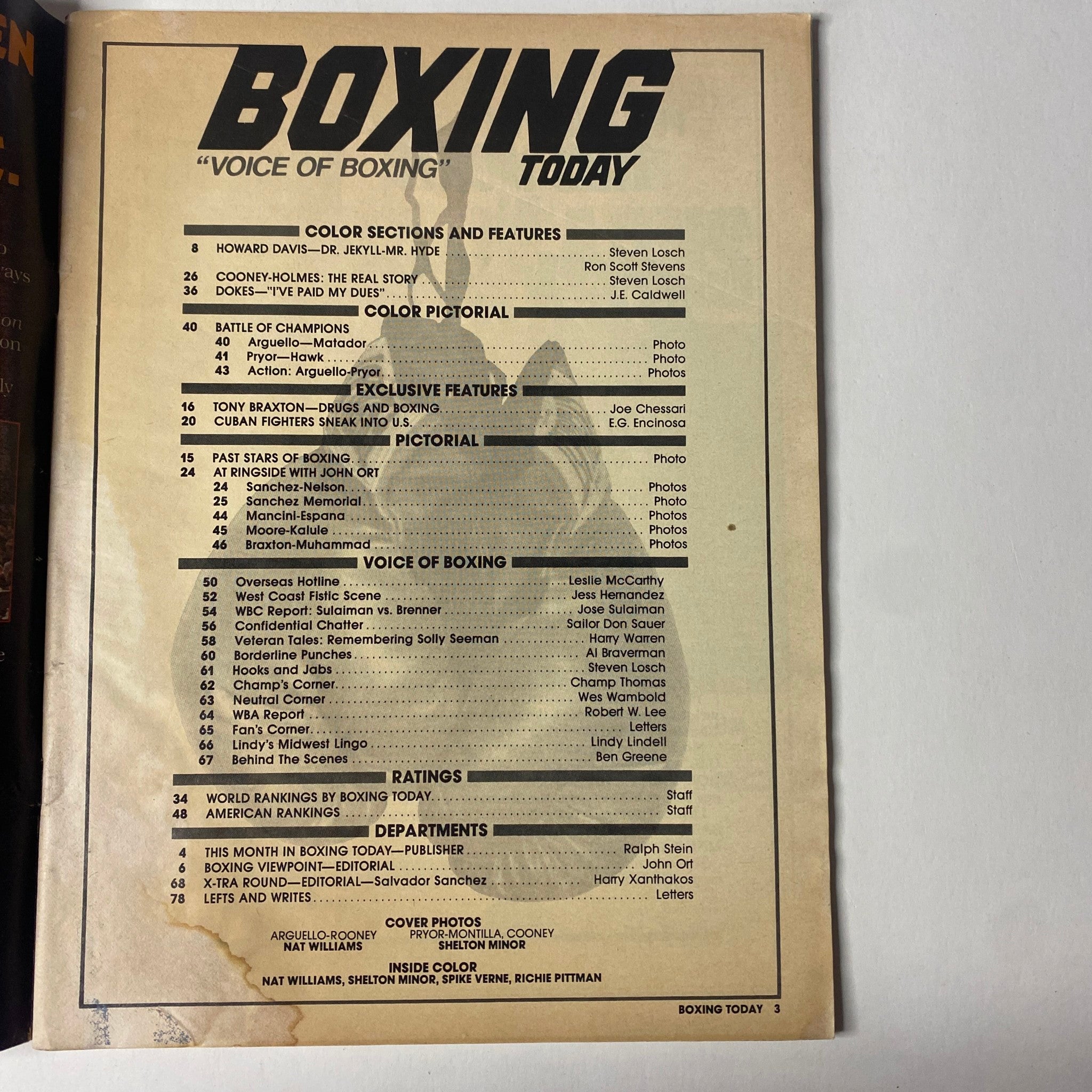 Contents page from Boxing Today Magazine, January 1983, showcasing articles and features related to boxing including Howard Davis and Cooney vs. Holmes.