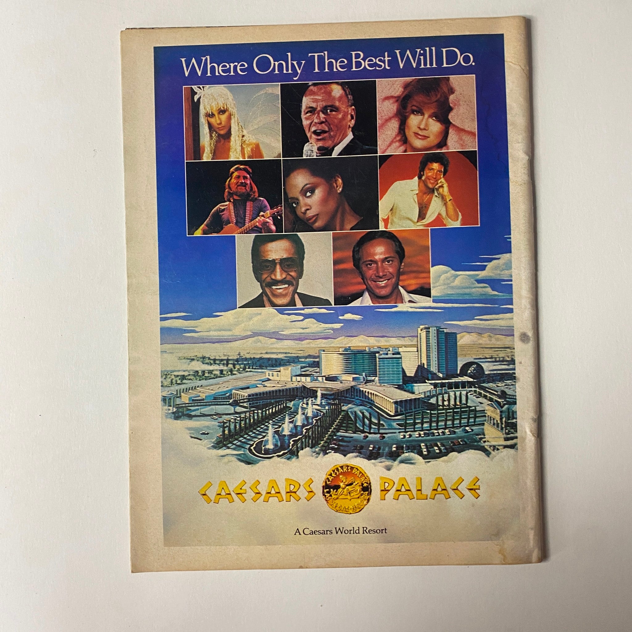 Promotional advertisement from Boxing Today Magazine, January 1983, featuring the Caesars Palace resort with images of various entertainers.