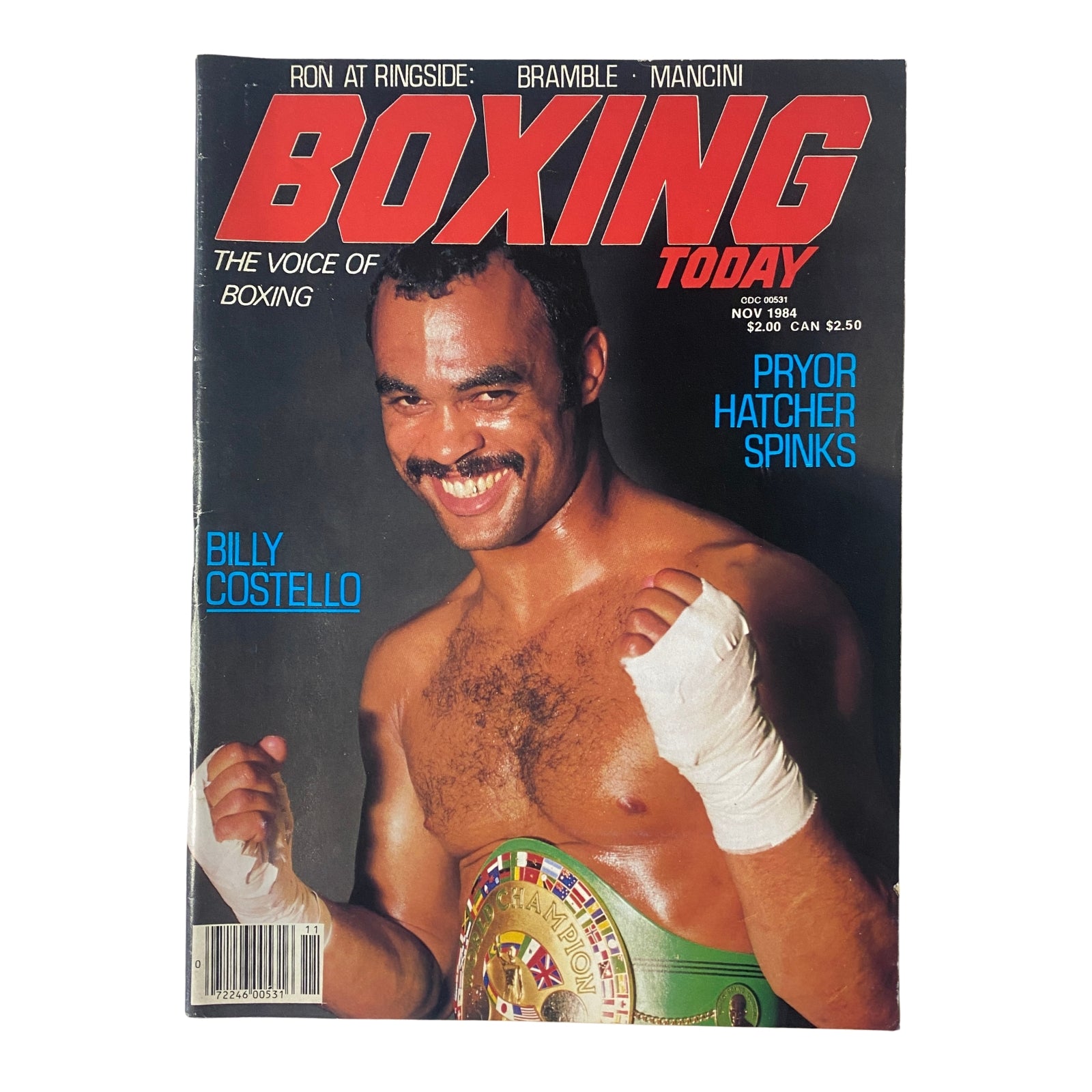 Boxing Today Magazine November 1984 cover featuring Billy Costello smiling with a championship belt, representing 'The Voice of Boxing' in very good condition.