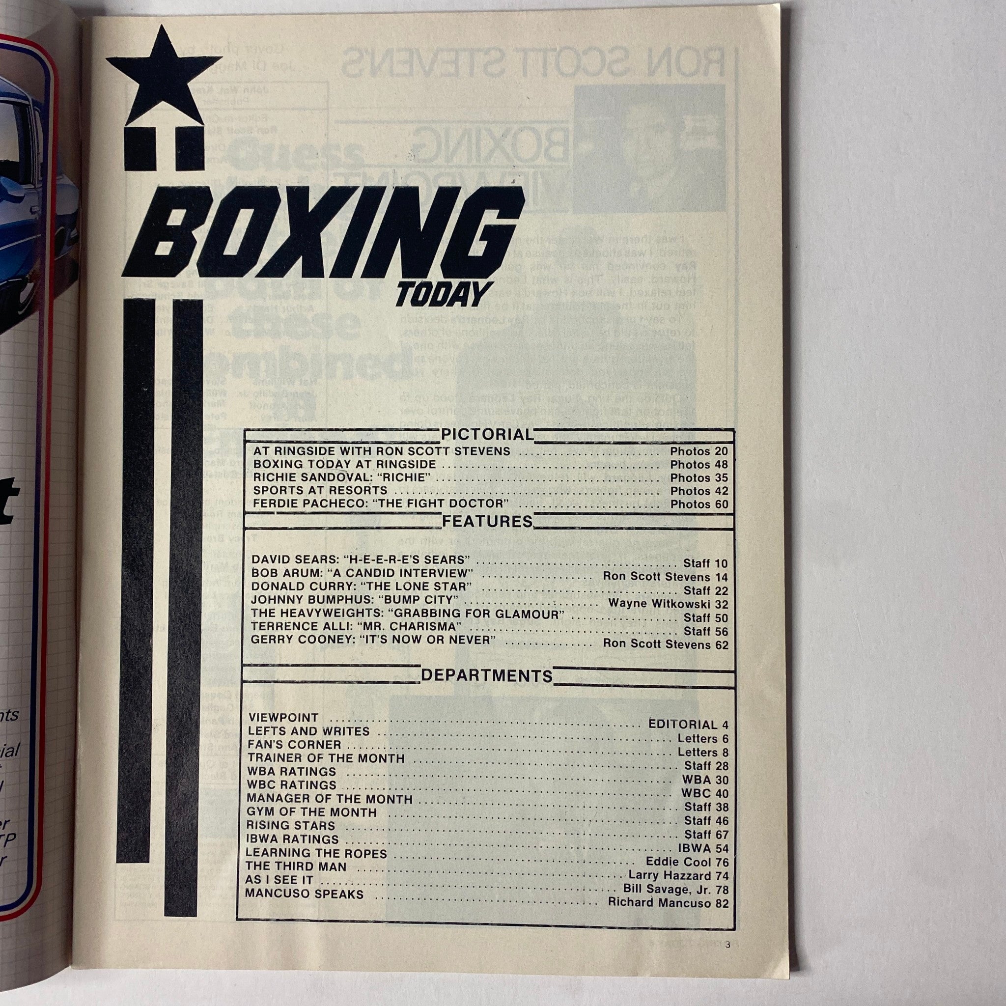 Contents page of Boxing Today Magazine September 1984, listing features such as interviews and articles including Gerry Cooney's 'It's Now or Never' and other key boxing reports.