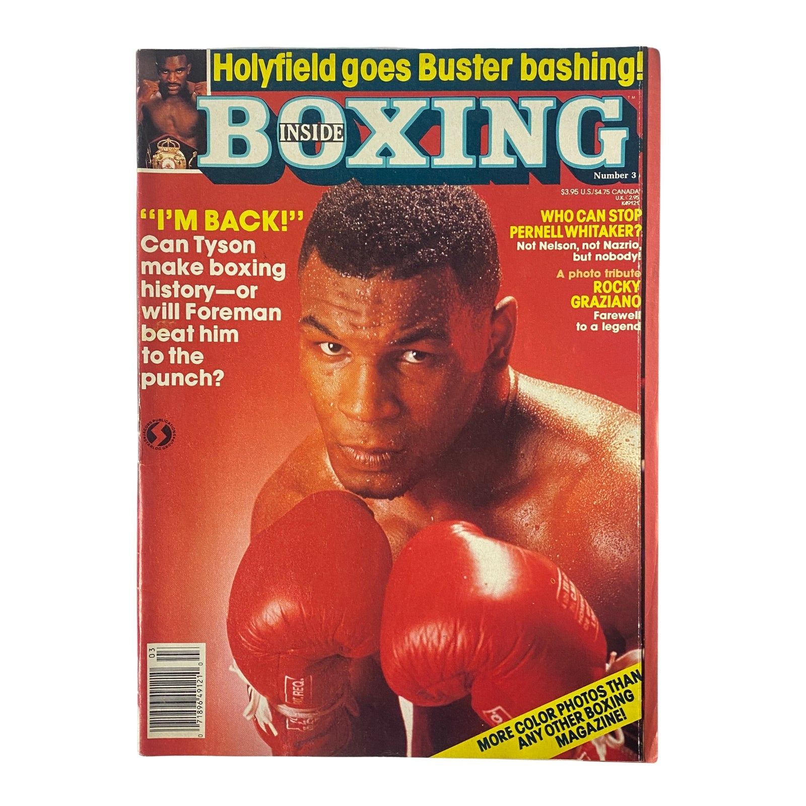 Cover of Inside Boxing Magazine 1990, Issue #3 featuring Mike Tyson with red boxing gloves, highlighting his reign in boxing history.
