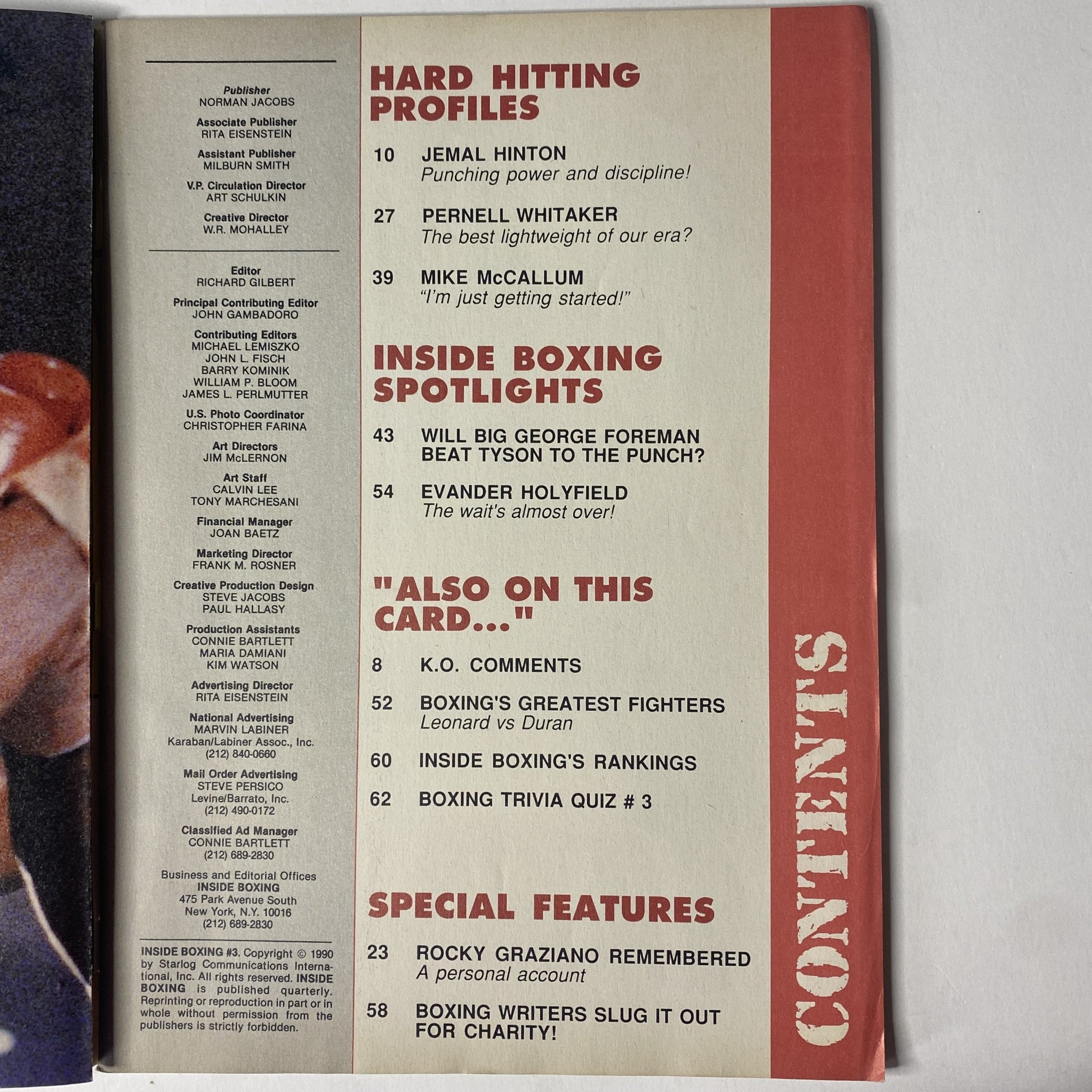 Contents page of Inside Boxing Magazine 1990, Issue #3, detailing articles including profiles on Jemal Hinton, Pernell Whitaker, and Mike McCallum.