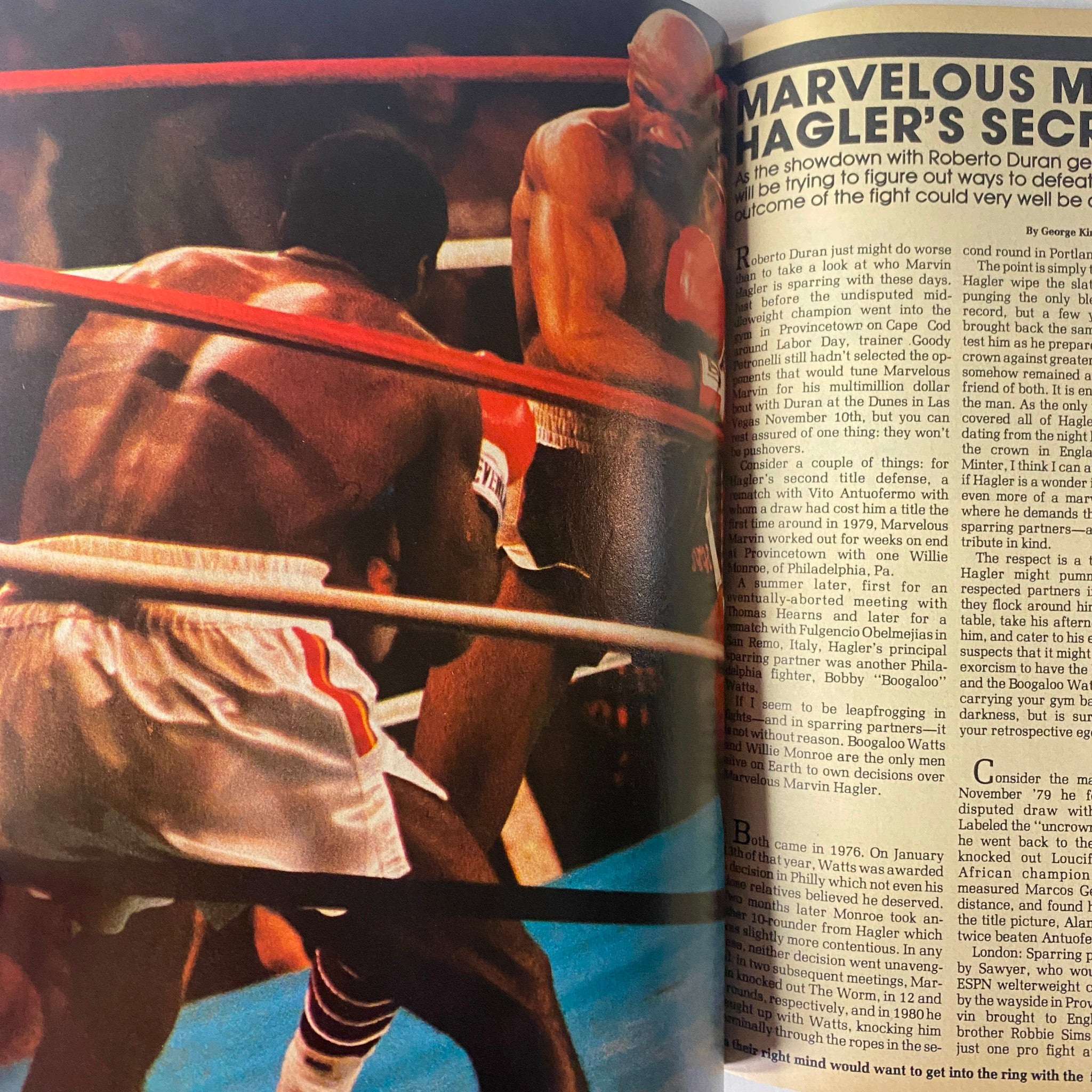 Inside Boxing Magazine November 1983 No. 1 Marvin Hagler Cover - Photo depicting Marvin Hagler in the ring, showcasing his iconic fighting stance during a match. This image captures the essence of boxing action as featured in the premiere issue.