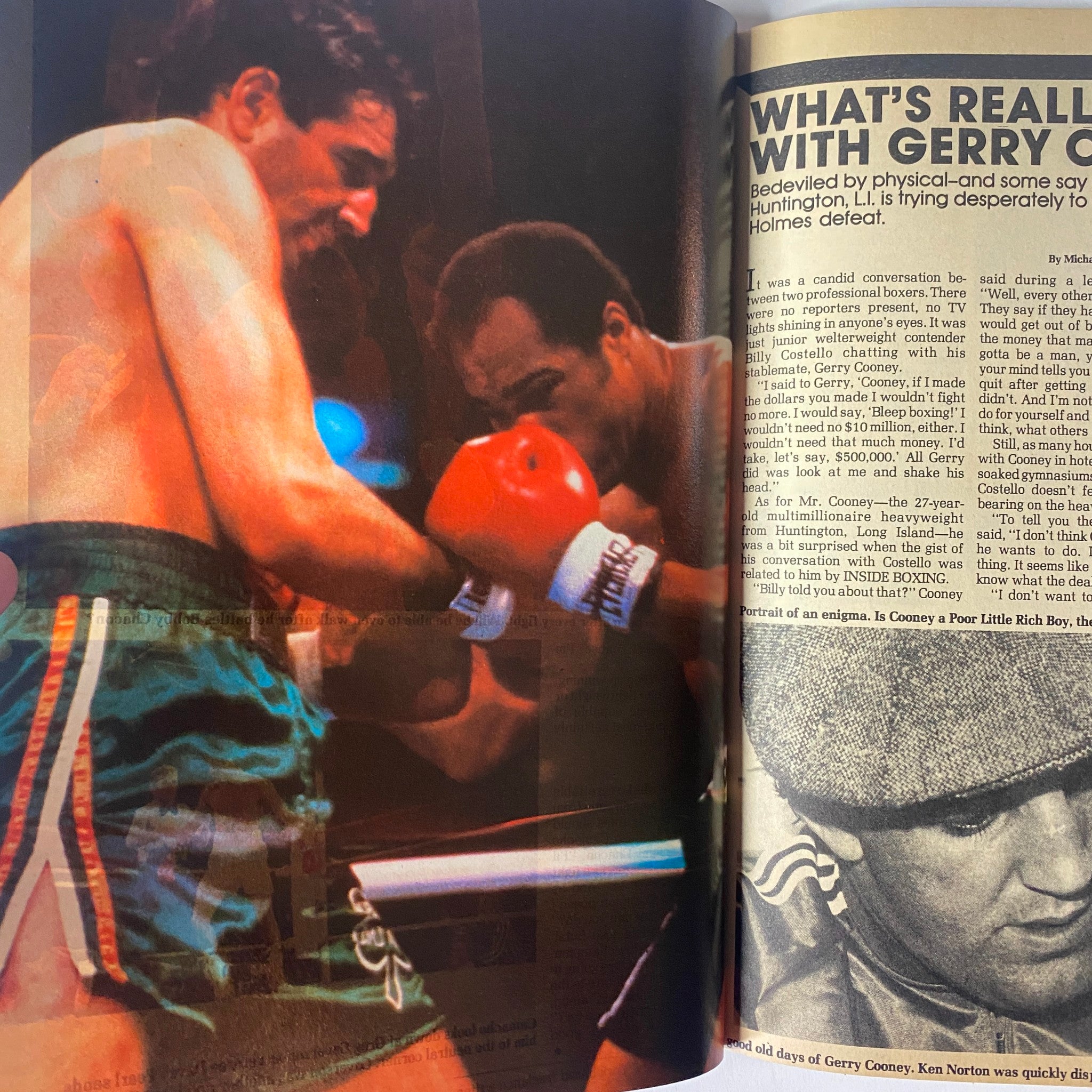 Inside Boxing Magazine November 1983 No. 1 Marvin Hagler Cover - Image showing Gerry Cooney in a boxing match, highlighting his physical prowess and determination. This photo accompanies an article about his career featured in the magazine.