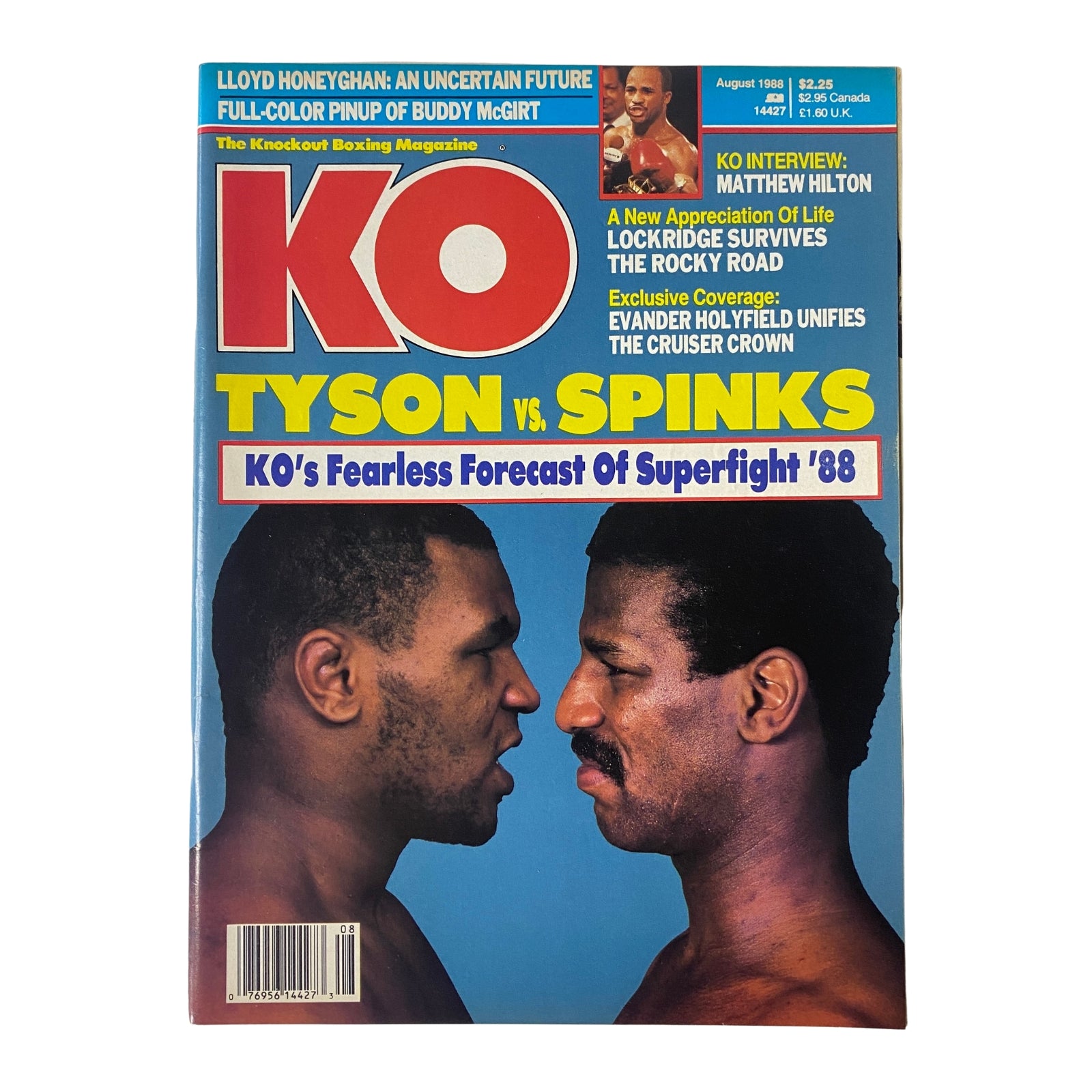 KO Boxing Magazine August 1988 cover featuring a face-off between Mike Tyson and Michael Spinks, highlighting their legendary matchup in Superfight '88.