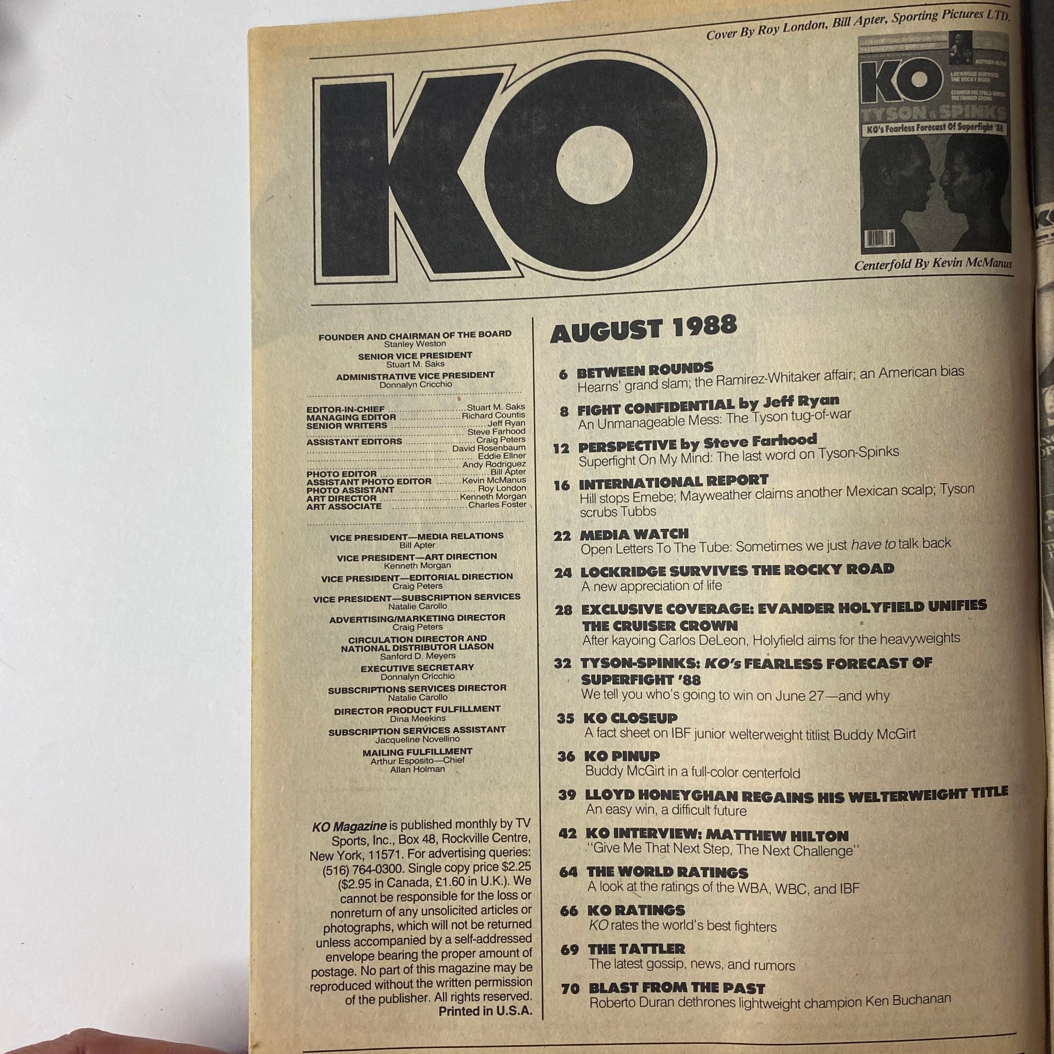 Inside page of KO Boxing Magazine August 1988 showing the table of contents, including features on Tyson vs. Spinks, Evander Holyfield, and Lloyd Honeyghan.