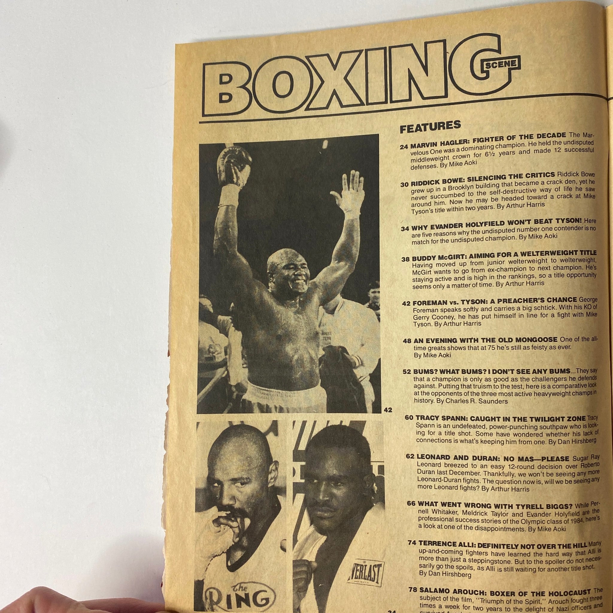Inside view of Boxing Scene Magazine May 1990, highlighting key features and articles, including profiles on boxers like Marvin Hagler and Buddy McGirt.