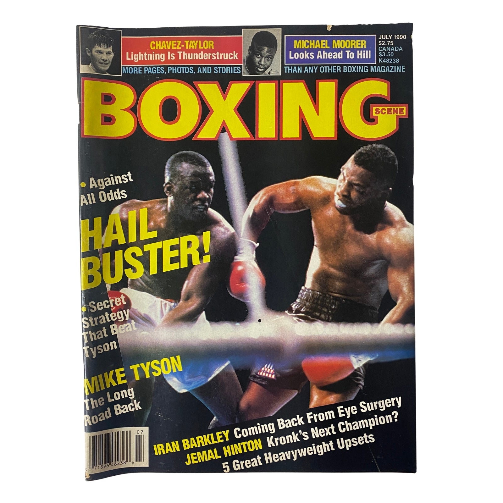 Boxing Scene Magazine July 1990 featuring Mike Tyson and Buster Douglas on the cover, highlighting their boxing match with headlines about Tyson's comeback and Douglas's victory.