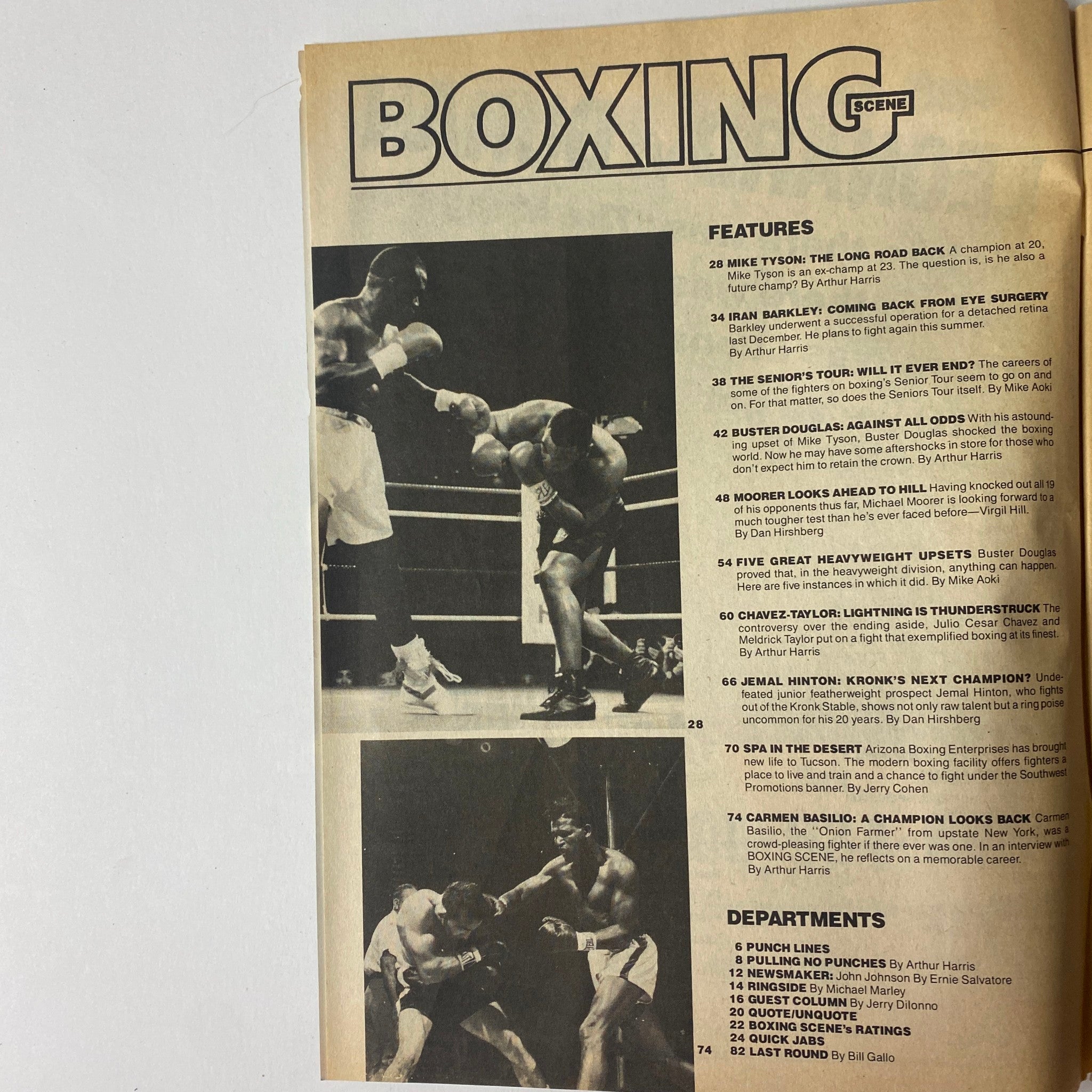 Inside page of Boxing Scene Magazine July 1990, showcasing features on Mike Tyson, Buster Douglas, and other boxing topics, with a layout of articles and highlights from the issue.
