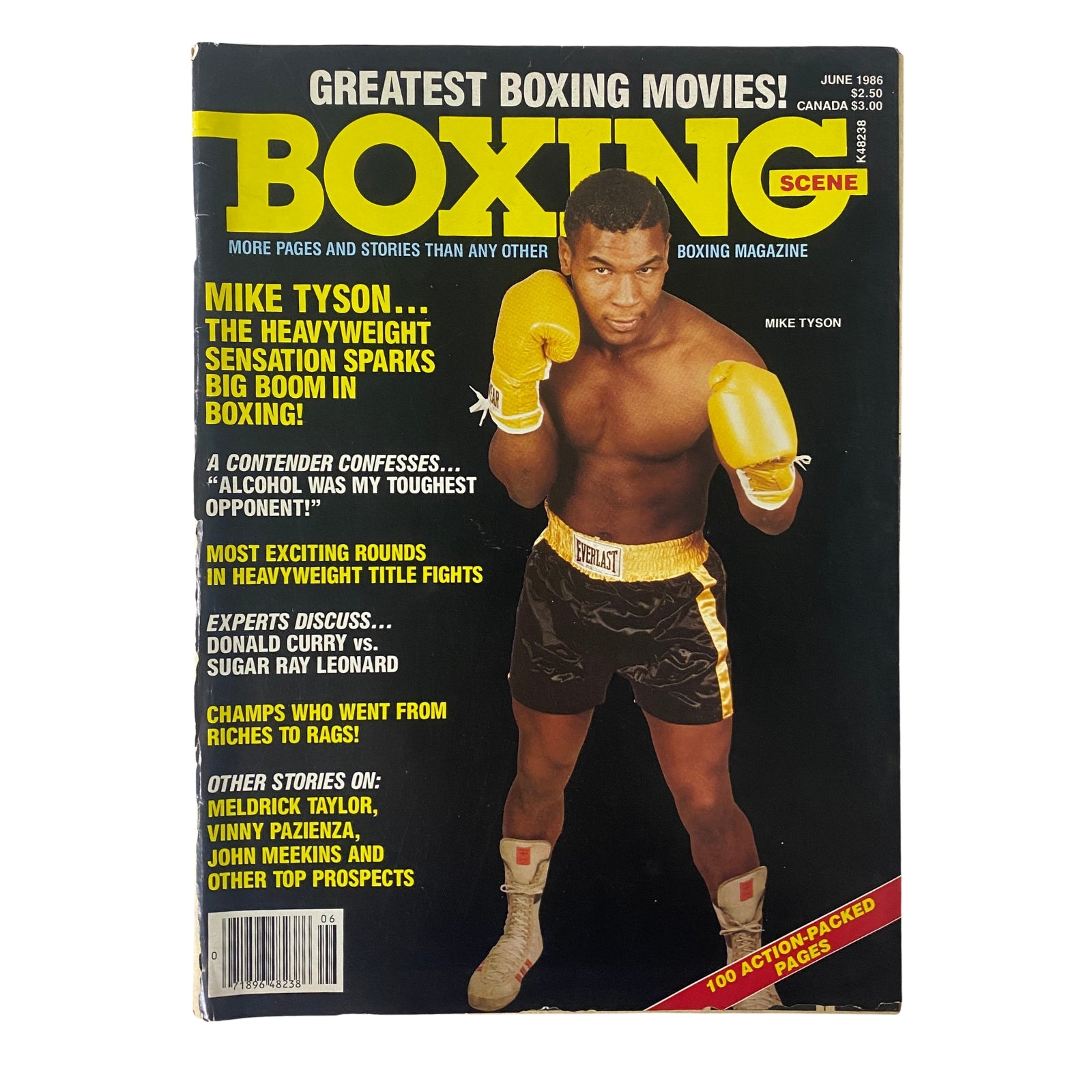 Boxing Scene Magazine June 1986 featuring Mike Tyson on the cover. The magazine highlights Tyson's rise in boxing, includes articles about the boxing boom, and discusses various notable fighters and boxing history.