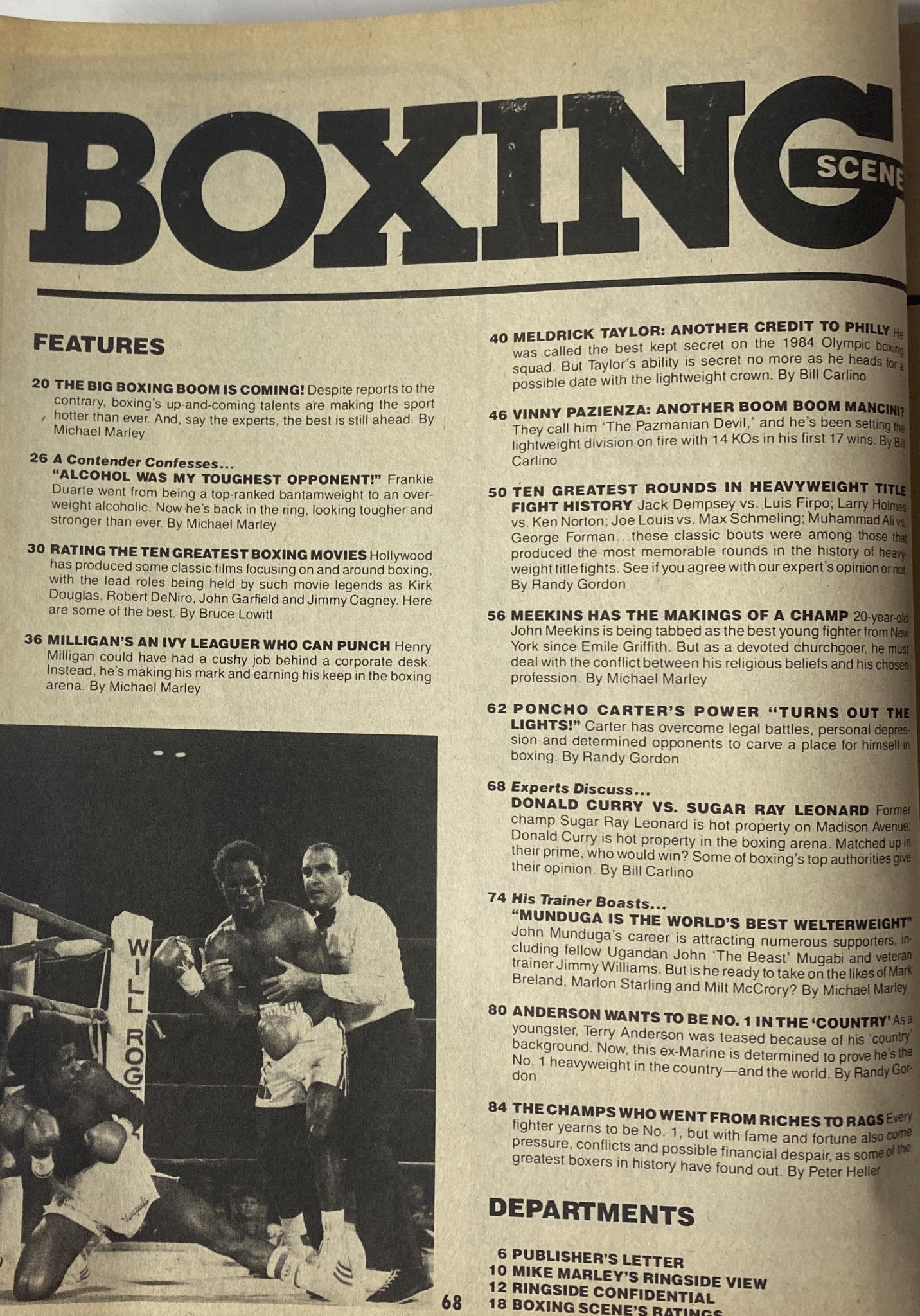 Inside page of Boxing Scene Magazine June 1986 featuring articles including 'The Big Boxing Boom is Coming!' and 'Milligan’s an Ivy Leaguer Who Can Punch'. This issue highlights Mike Tyson's impact on boxing.