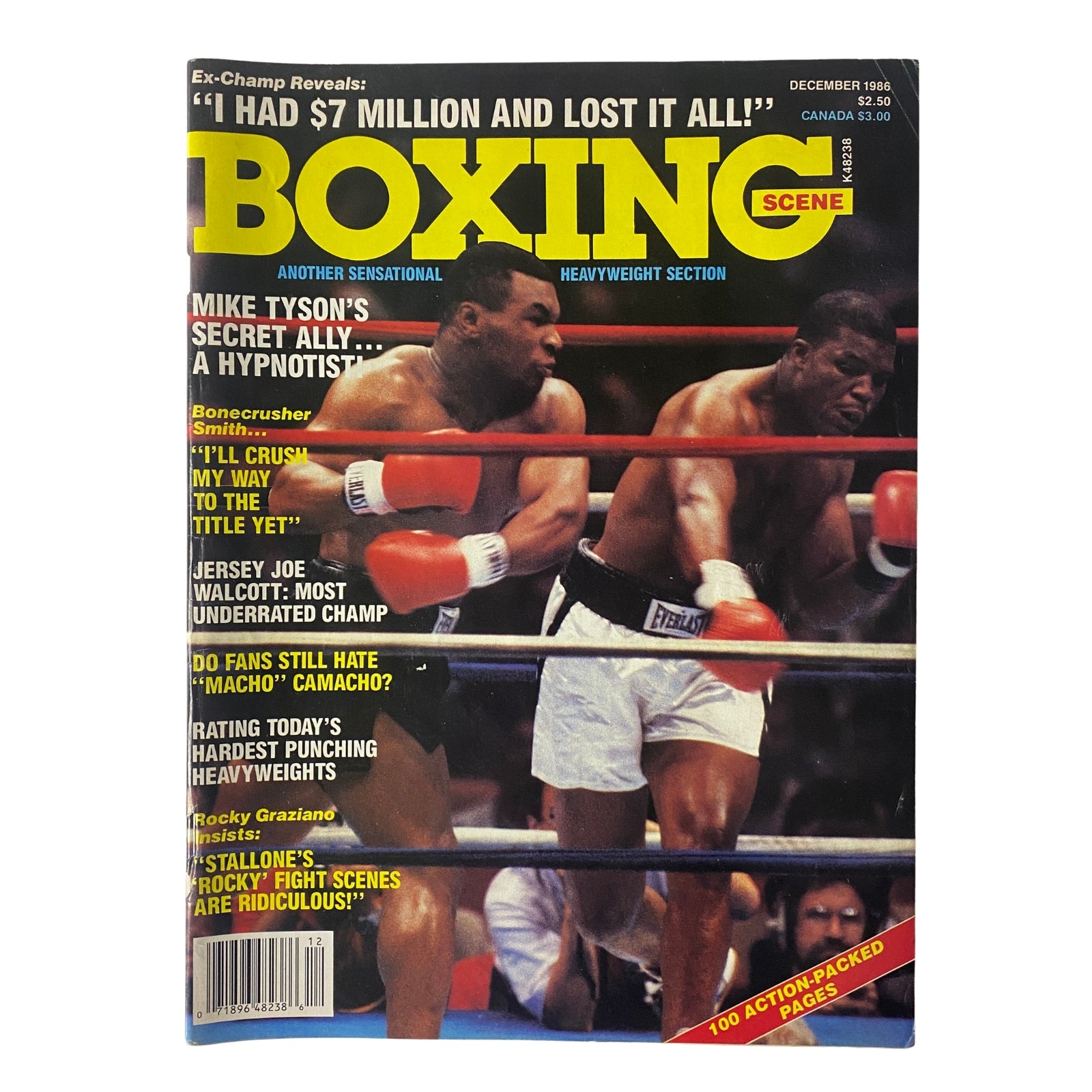 Boxing Scene Magazine December 1986 featuring Mike Tyson on the cover, highlighting articles about heavyweight boxing, including topics like Mike Tyson's mental training and the rise of new champions.