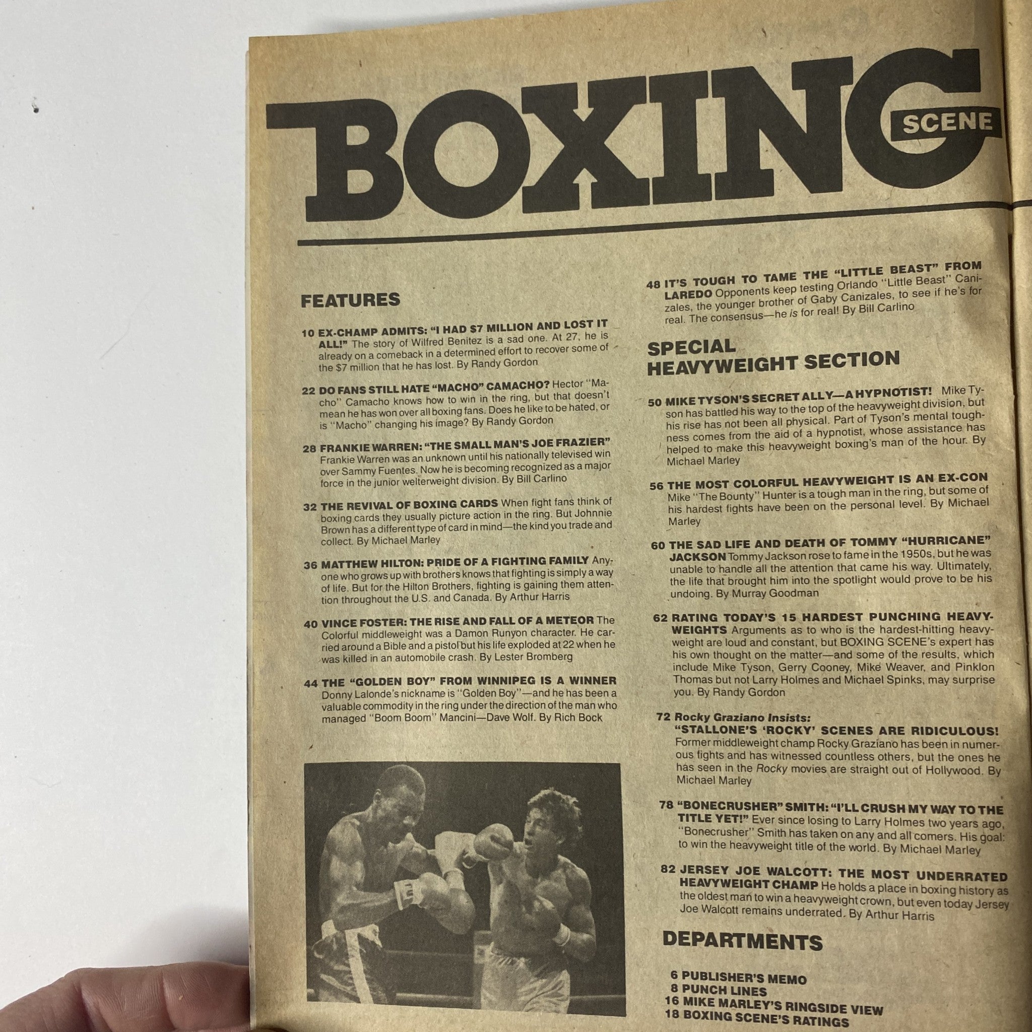 Inside page of Boxing Scene Magazine December 1986 showcasing the table of contents with featured articles, including 'I Had $7 Million and Lost It All!' and a special heavyweight section on boxing legends.