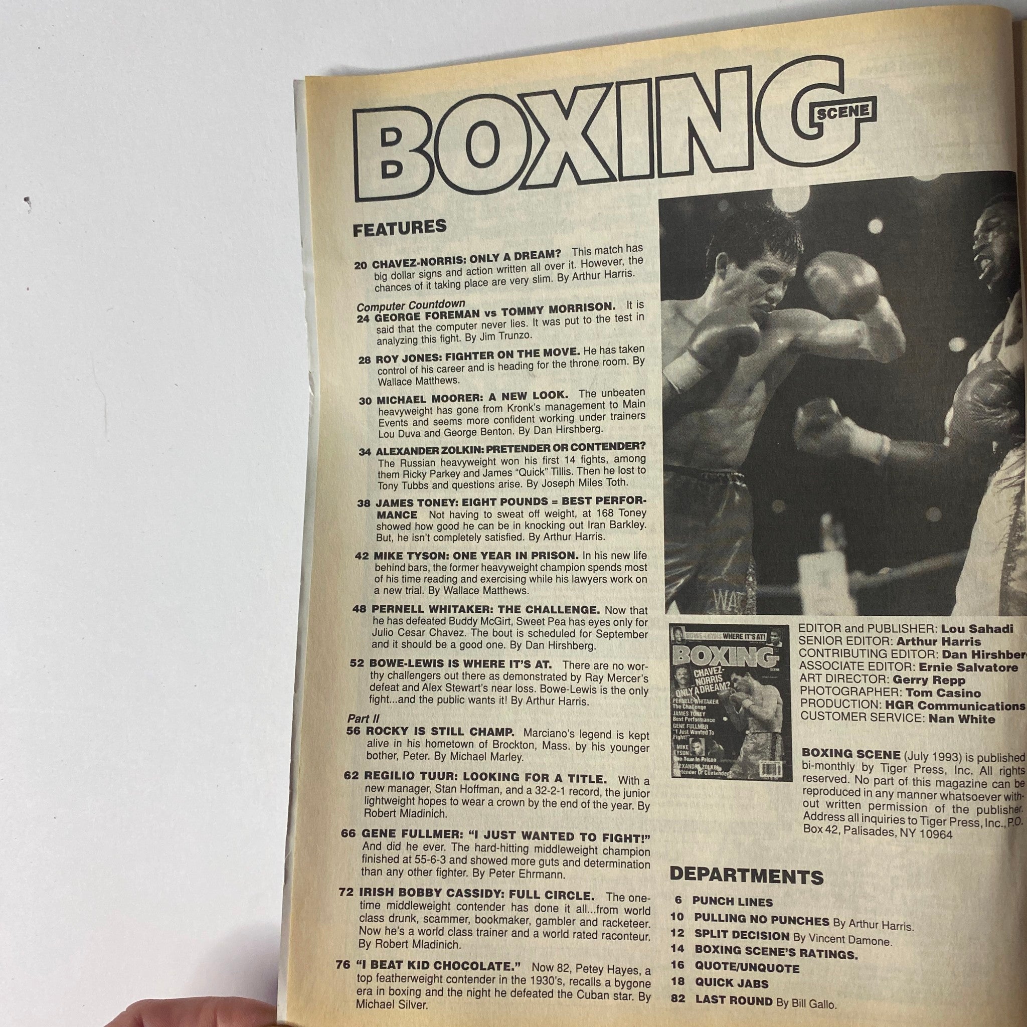Inside page of Boxing Scene Magazine July 1993, listing features including articles on Pernell Whitaker, James Toney, and Rocky Marciano.