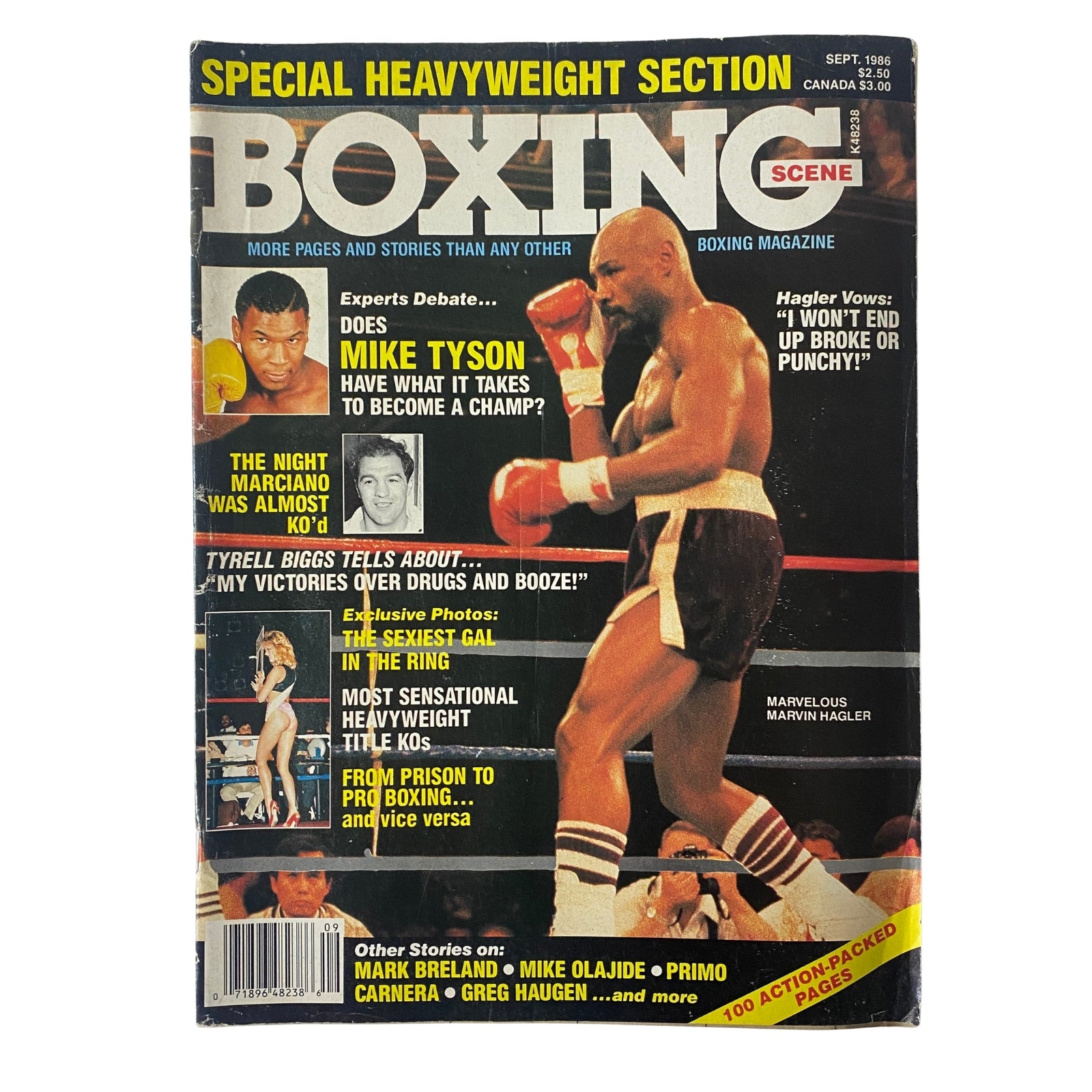 Cover image of Boxing Scene Magazine September 1986 featuring Mike Tyson, highlighting 'Special Heavyweight Section' with topics like Tyson's potential as a champion and notable heavyweights.