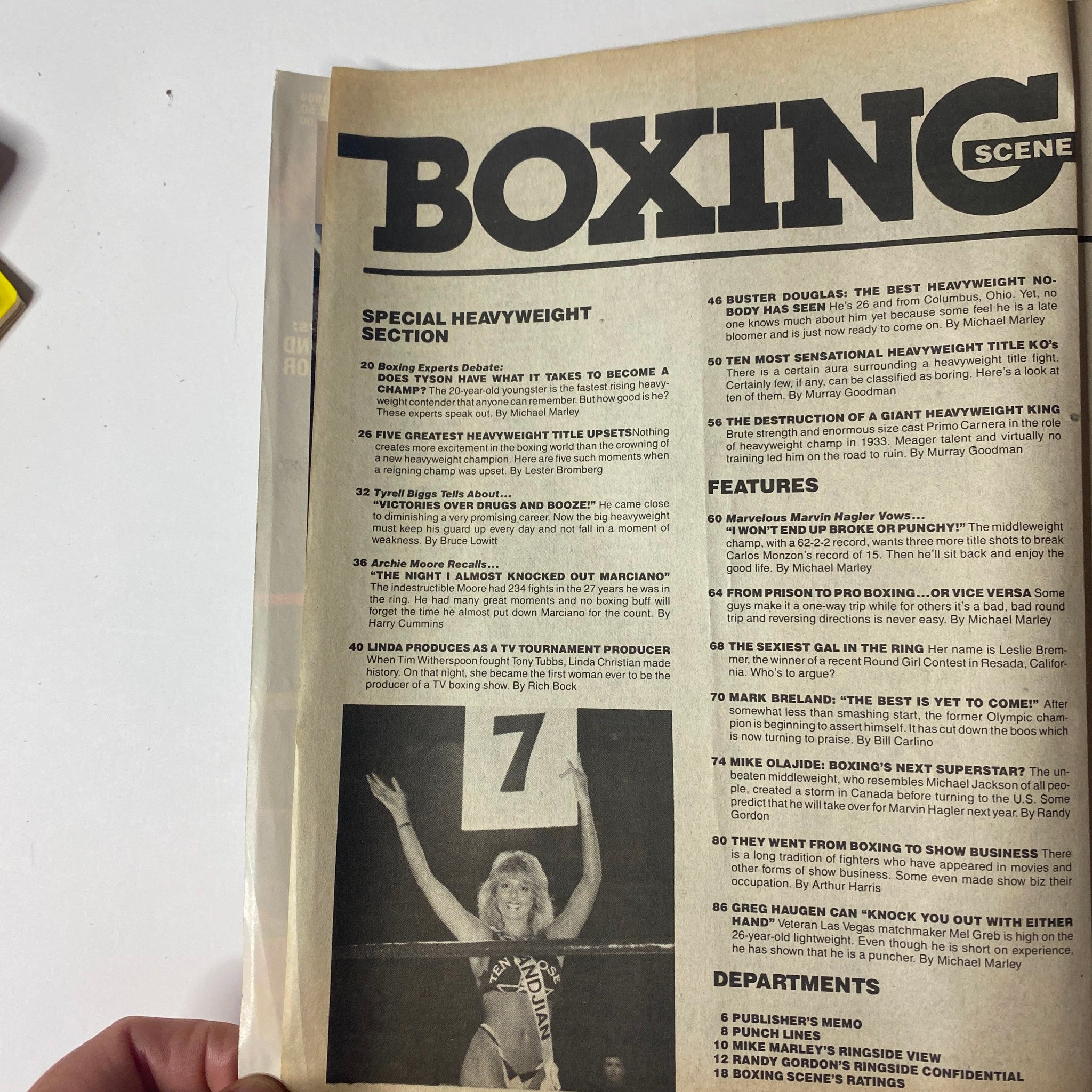 Interior page of Boxing Scene Magazine September 1986 showing 'Special Heavyweight Section' contents including articles about boxing legends and emerging fighters.