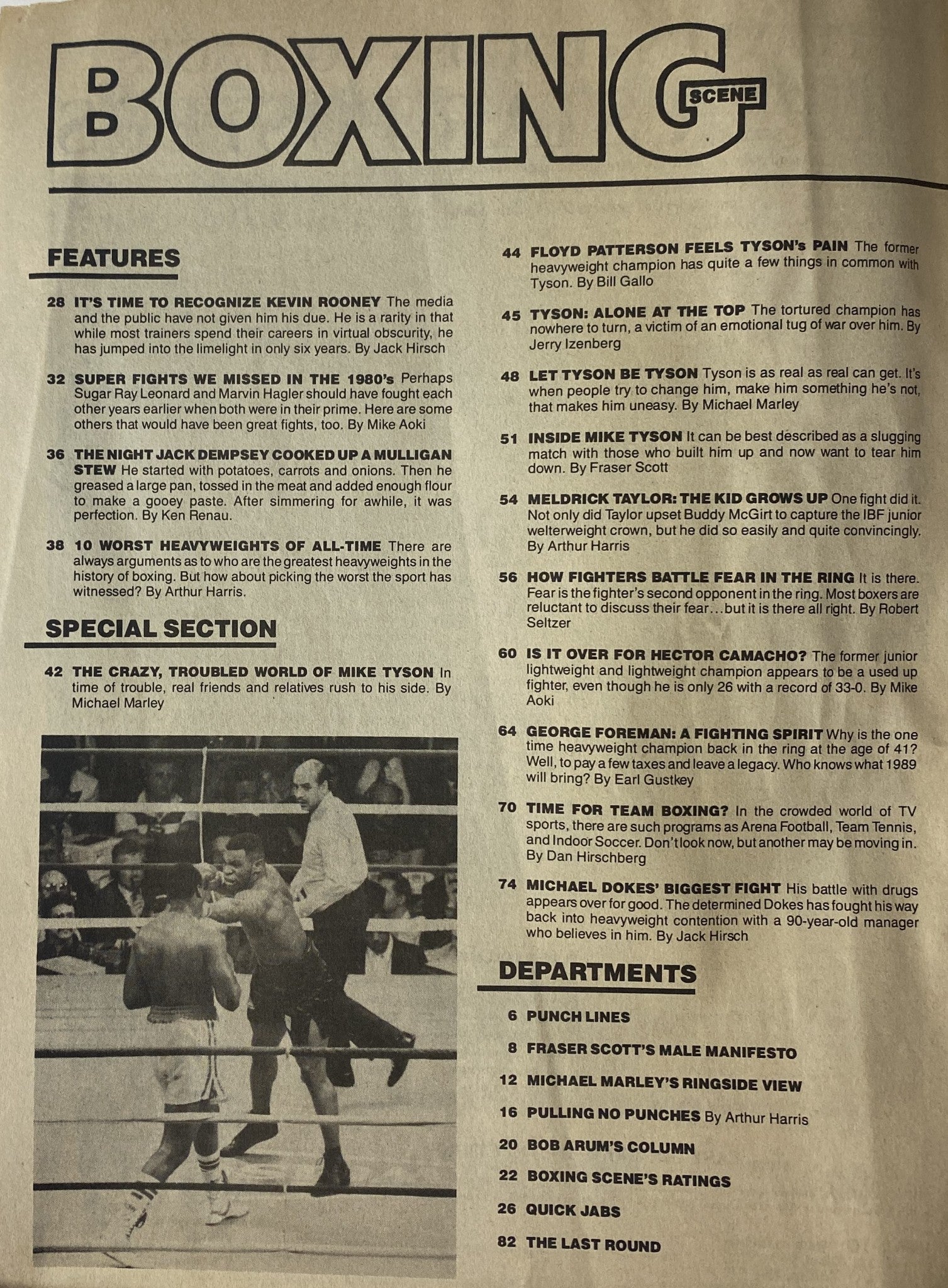 Interior page of Boxing Scene Magazine January 1989 discussing features including a special report on Mike Tyson and an analysis of heavyweight fights in the 1980s.