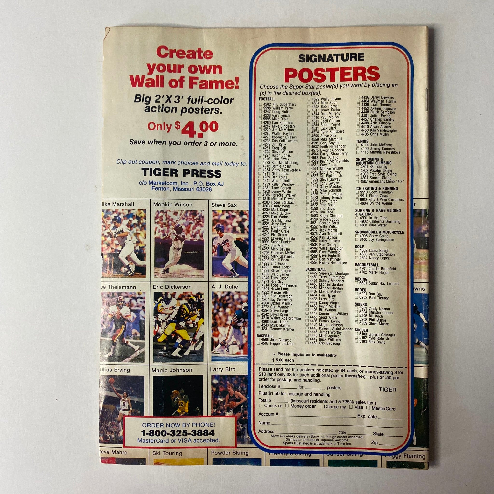 Back cover of Boxing Scene Magazine January 1989 showcasing a promotional offer for action posters, featuring notable athletes such as Larry Bird and Michael Johnson.