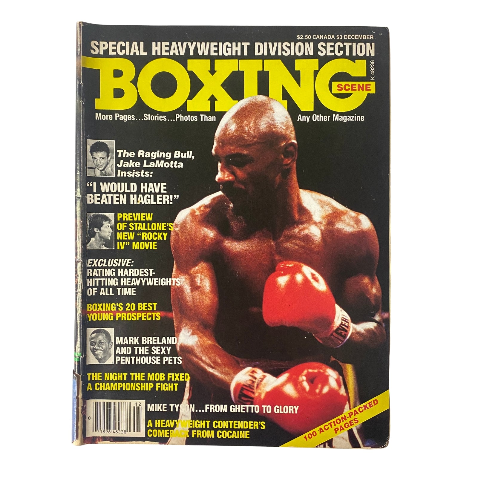 Boxing Scene Magazine December 1980s featuring Marvelous Marvin Hagler on the cover, showcasing boxing-related stories and interviews, including articles on Jake LaMotta and Mike Tyson.