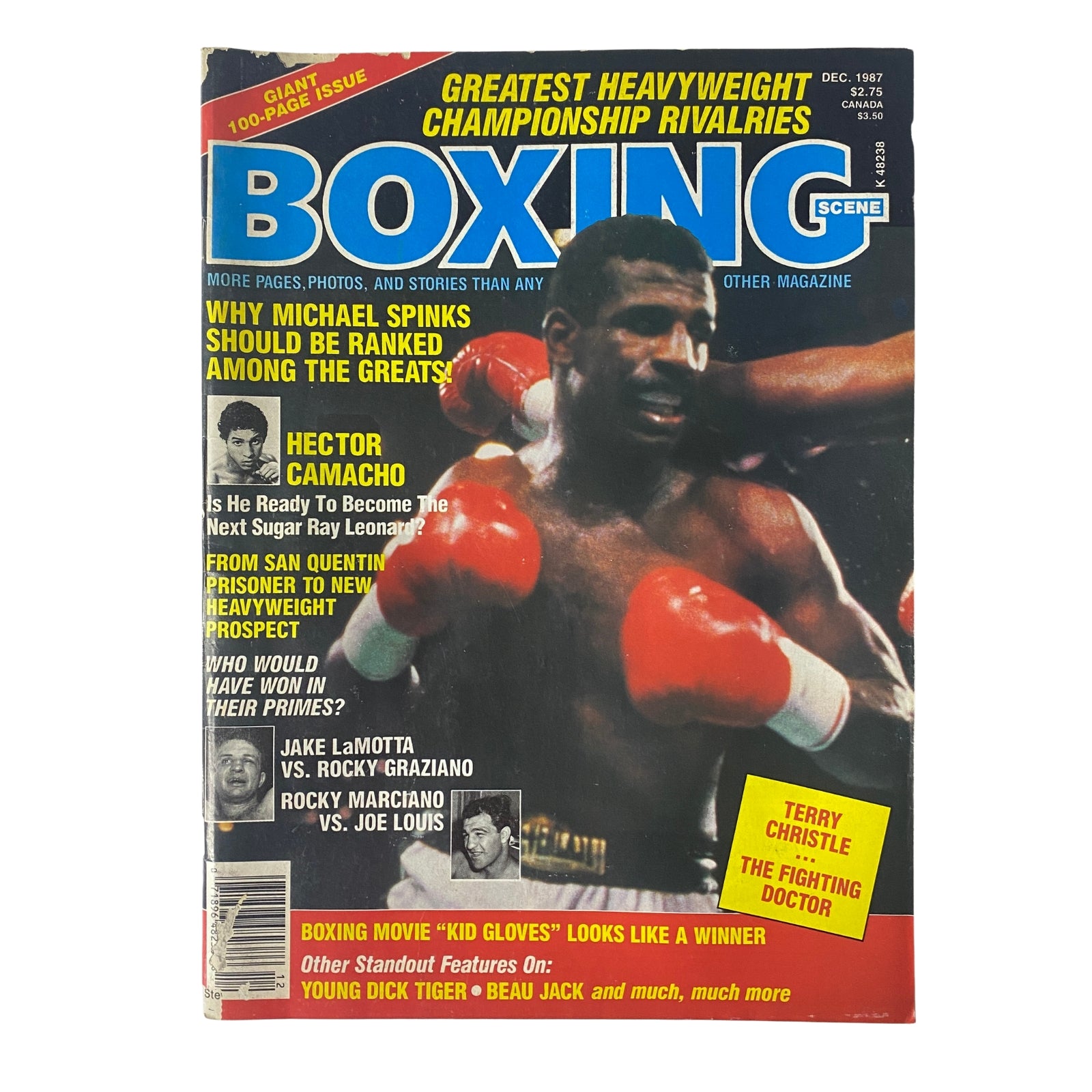 Boxing Scene Magazine December 1987 cover featuring Michael Spinks, highlighting articles on boxing legends and rising stars, with the title emphasizing heavyweight championship rivalries.