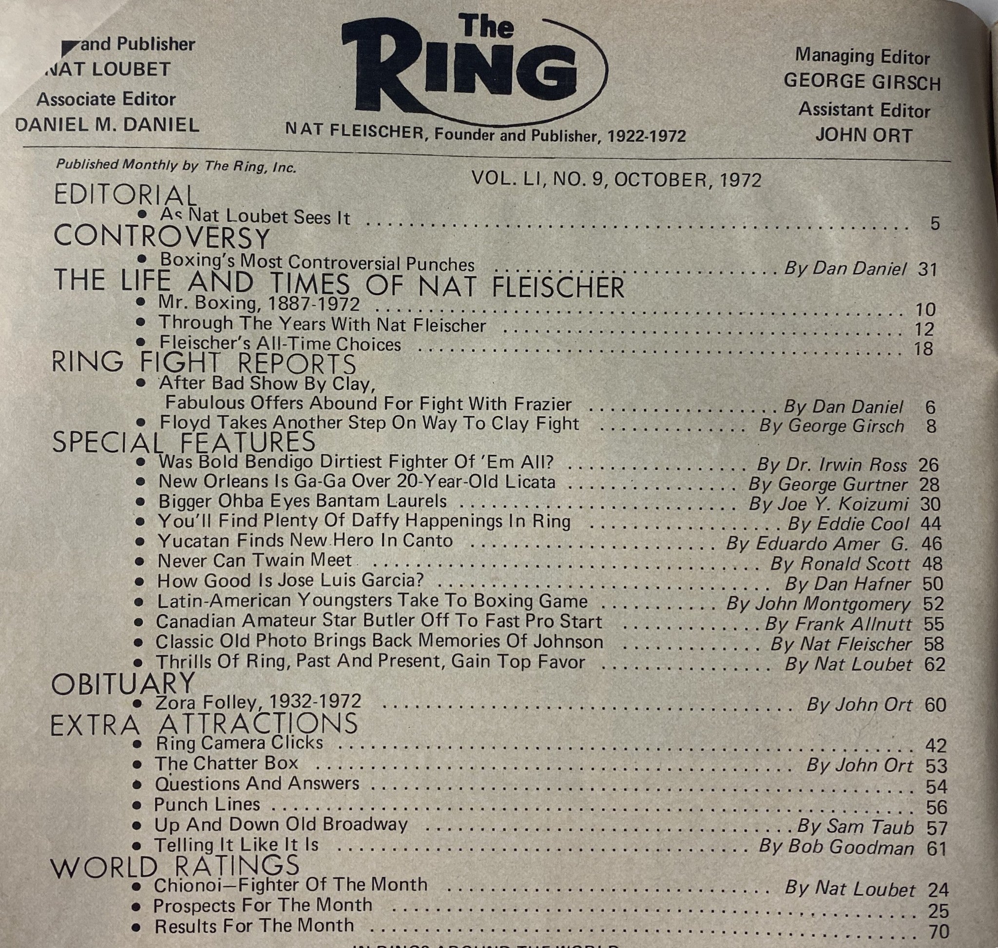 Contents page of The Ring Magazine, October 1972, detailing articles on Nat Fleischer's legacy, controversial boxing moments, and fight reports, showcasing the publication's historical significance.