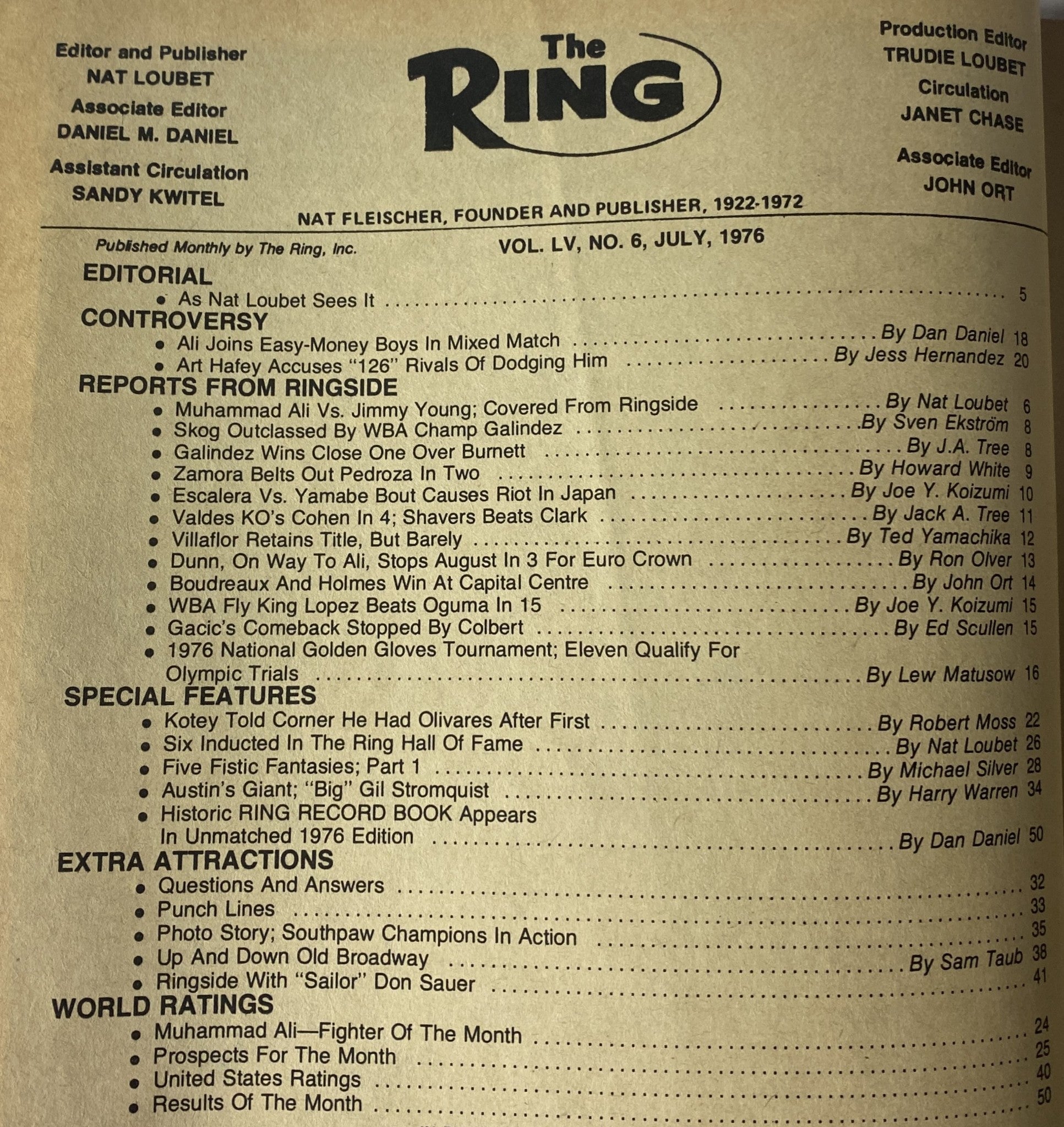 The Ring Magazine July 1976 contents page detailing reports from ringside, special features, and world ratings, highlighting Muhammad Ali's prominence in boxing.