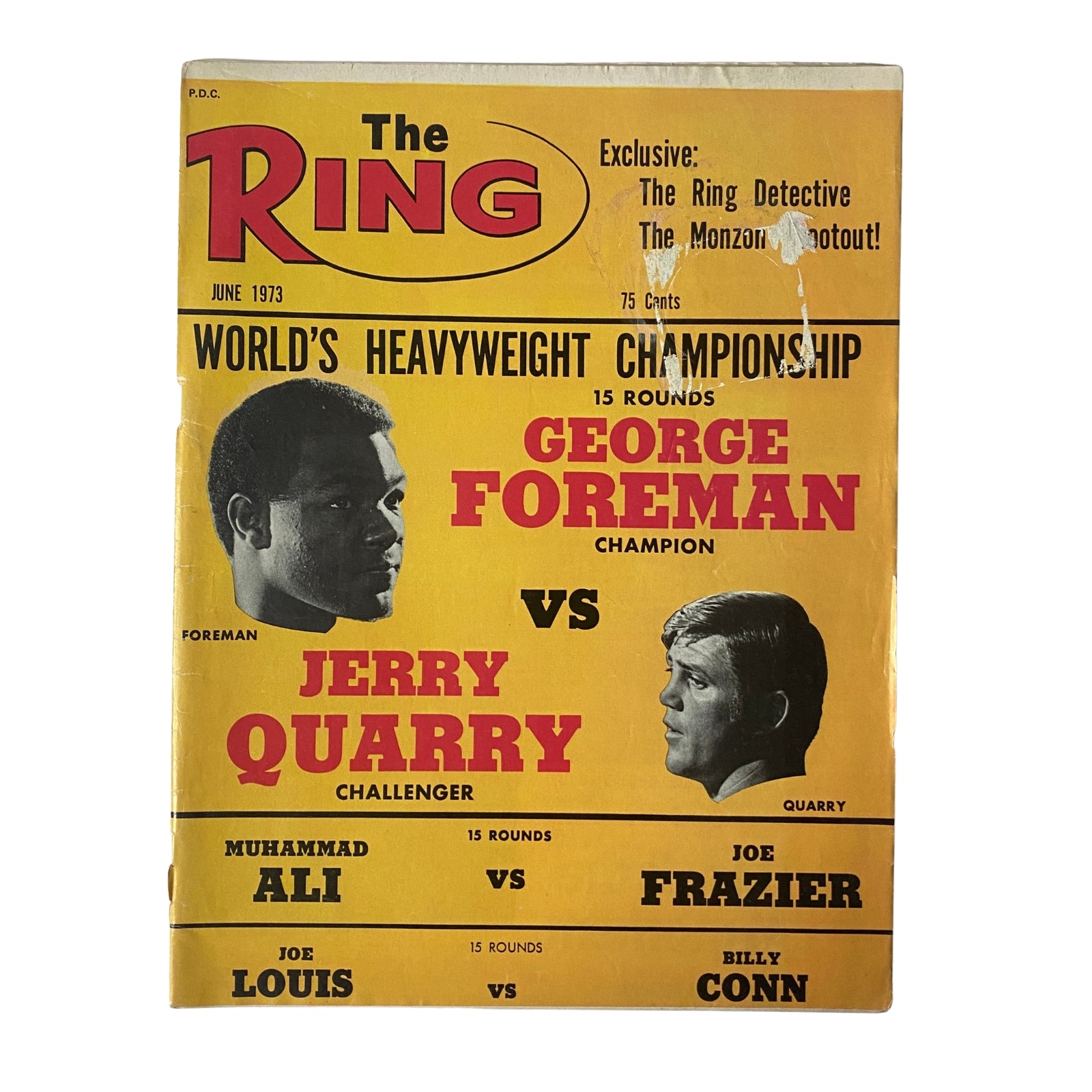 The Ring Magazine June 1973 featuring George Foreman vs Jerry Quarry on the cover, highlighting the World Heavyweight Championship match with bold colors and details.