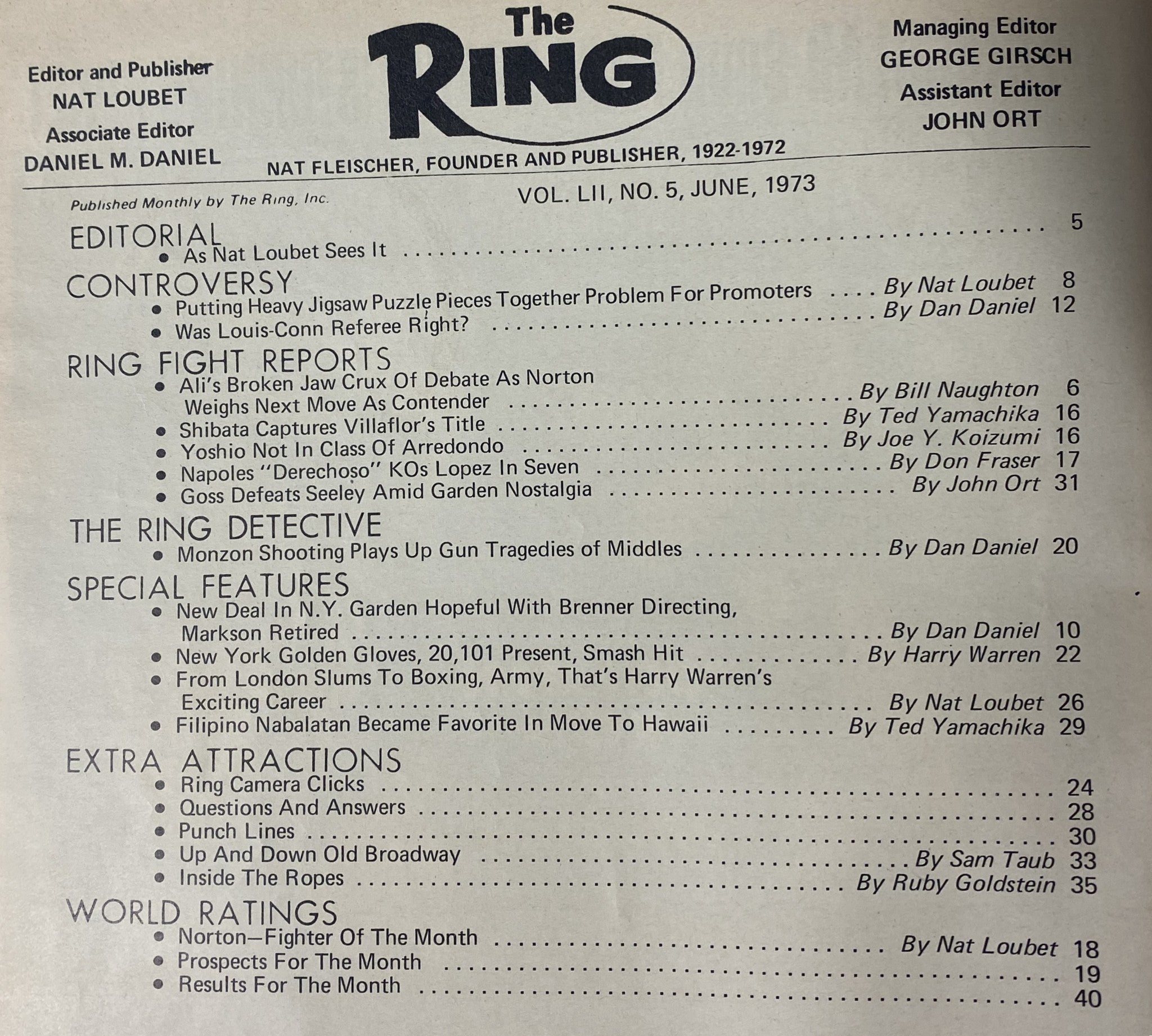 Interior page of The Ring Magazine June 1973 displaying the contents including editorial, fight reports, and world ratings, reflecting boxing journalism of the era.